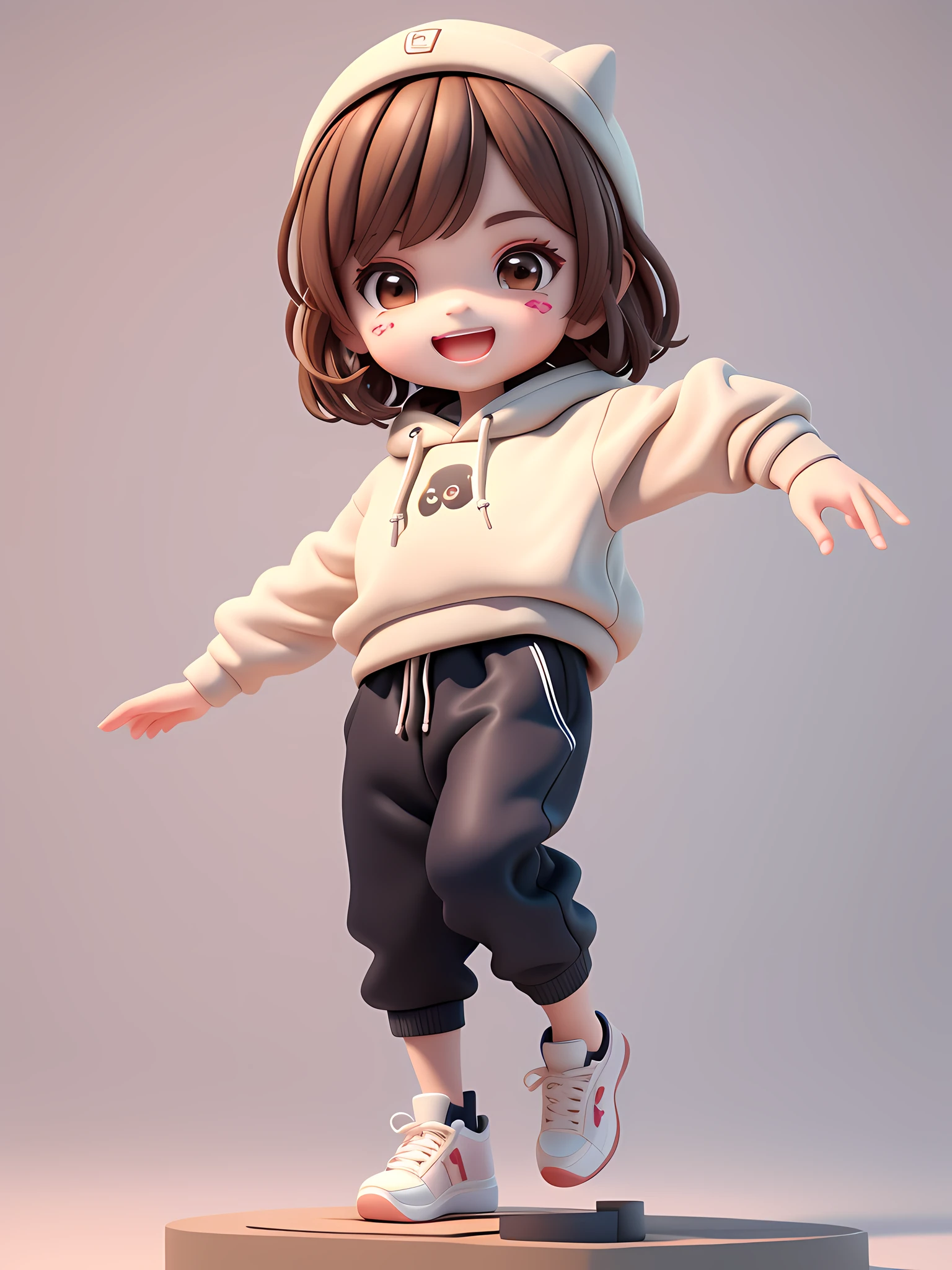 (Masterpiece), (Best Quality), (Ultra Detailed), (Full Body: 1.2), A Boy, Chibi, Cute, Smile, Open Mouth, Dancing, Dancing Hip Hop, Jumping Pose, Hoodie, Blush, Shirt, Short Hair, Brown Hair, Blush Stripe Sticker, Long Sleeves, Brunette Hair, Sneakers, Pants, 3D Clay Rendering, White Background, (Beautiful Detailed Face), (Beautiful Detail Eyes),
