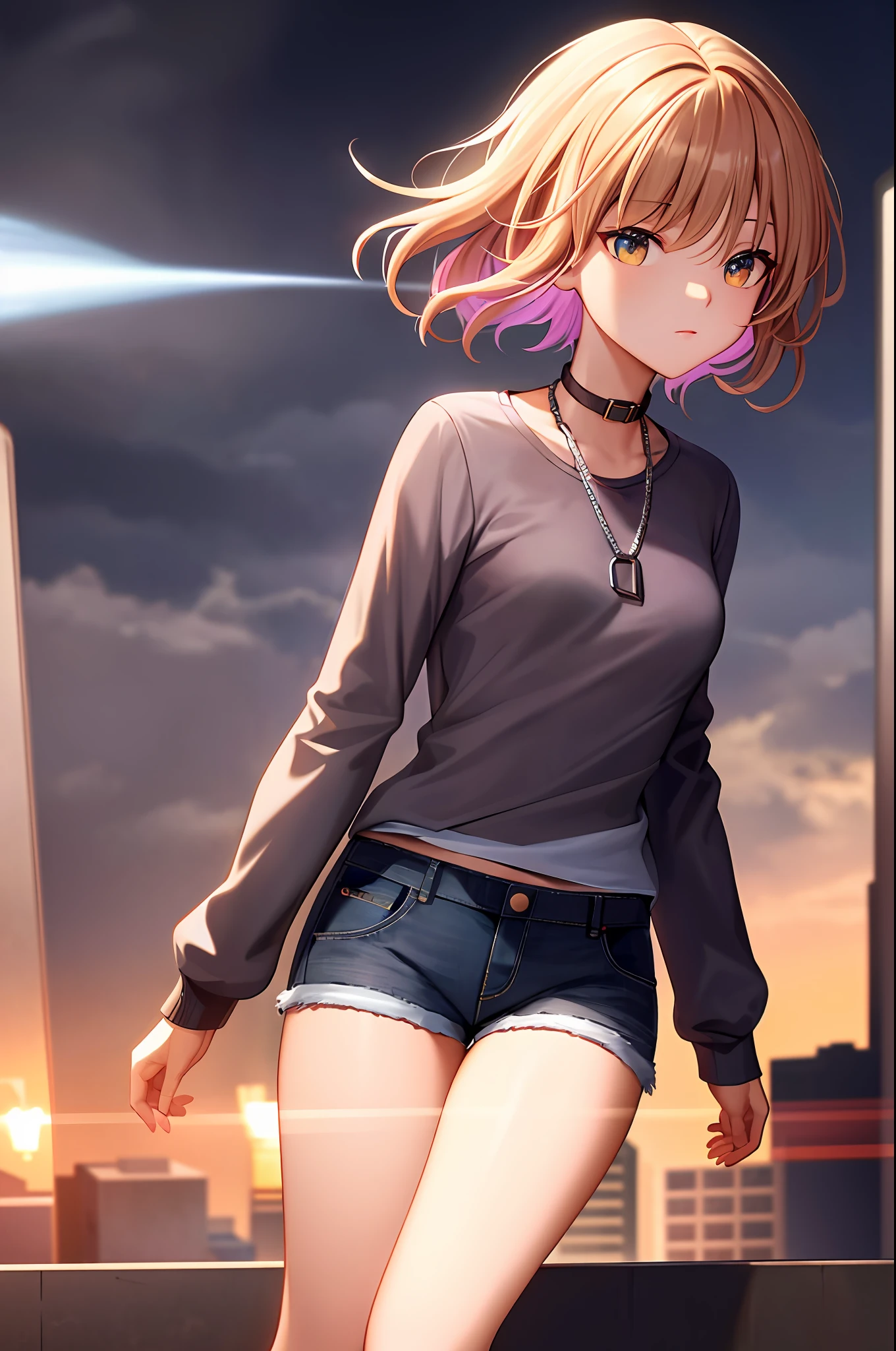 ((medium breasts, tomboy, small head)), (perfect body: 1.1), (short wavy hair: 1.2), auburn, collar, chain, full body shot, crowded city, black tank top , jeans jacket, (shorts), (extremely detailed CG 8K wallpaper), (extremely delicate and beautiful), (masterpiece), (best quality): 1.0), (super high resolution: 1.0), beautiful lighting, perfect Lightning bolts, realistic shadows, [high resolution], detailed skins, ultra-detailed ((colorful))