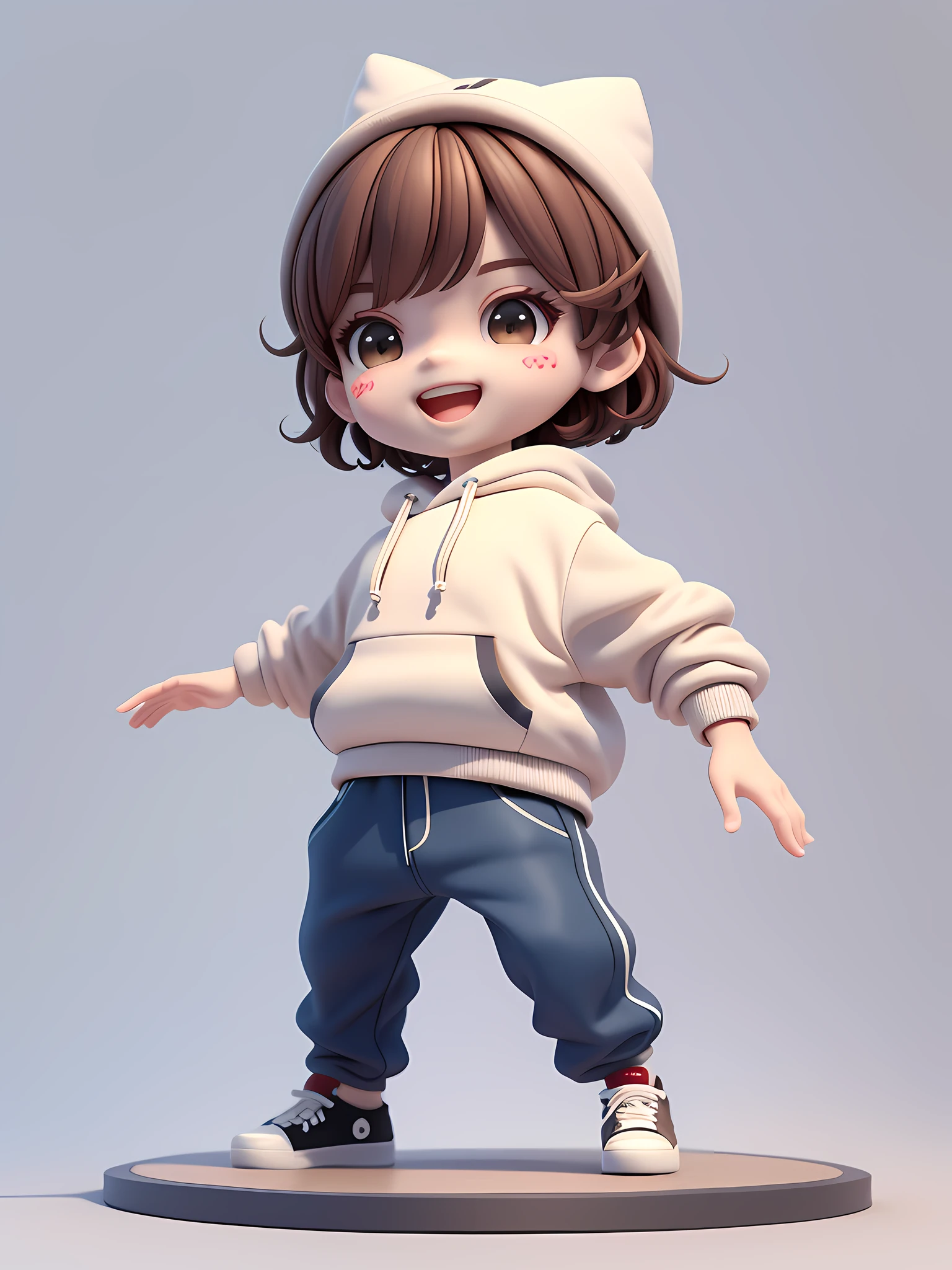 (Masterpiece), (Best Quality), (Ultra Detailed), (Full Body: 1.2), A Boy, Chibi, Cute, Smile, Open Mouth, Dancing, Dancing Hip Hop, Jumping Pose, Hoodie, Blush, Shirt, Short Hair, Brown Hair, Blush Stripe Sticker, Long Sleeves, Brunette Hair, Sneakers, Pants, 3D Clay Rendering, White Background, (Beautiful Detailed Face), (Beautiful Detail Eyes),