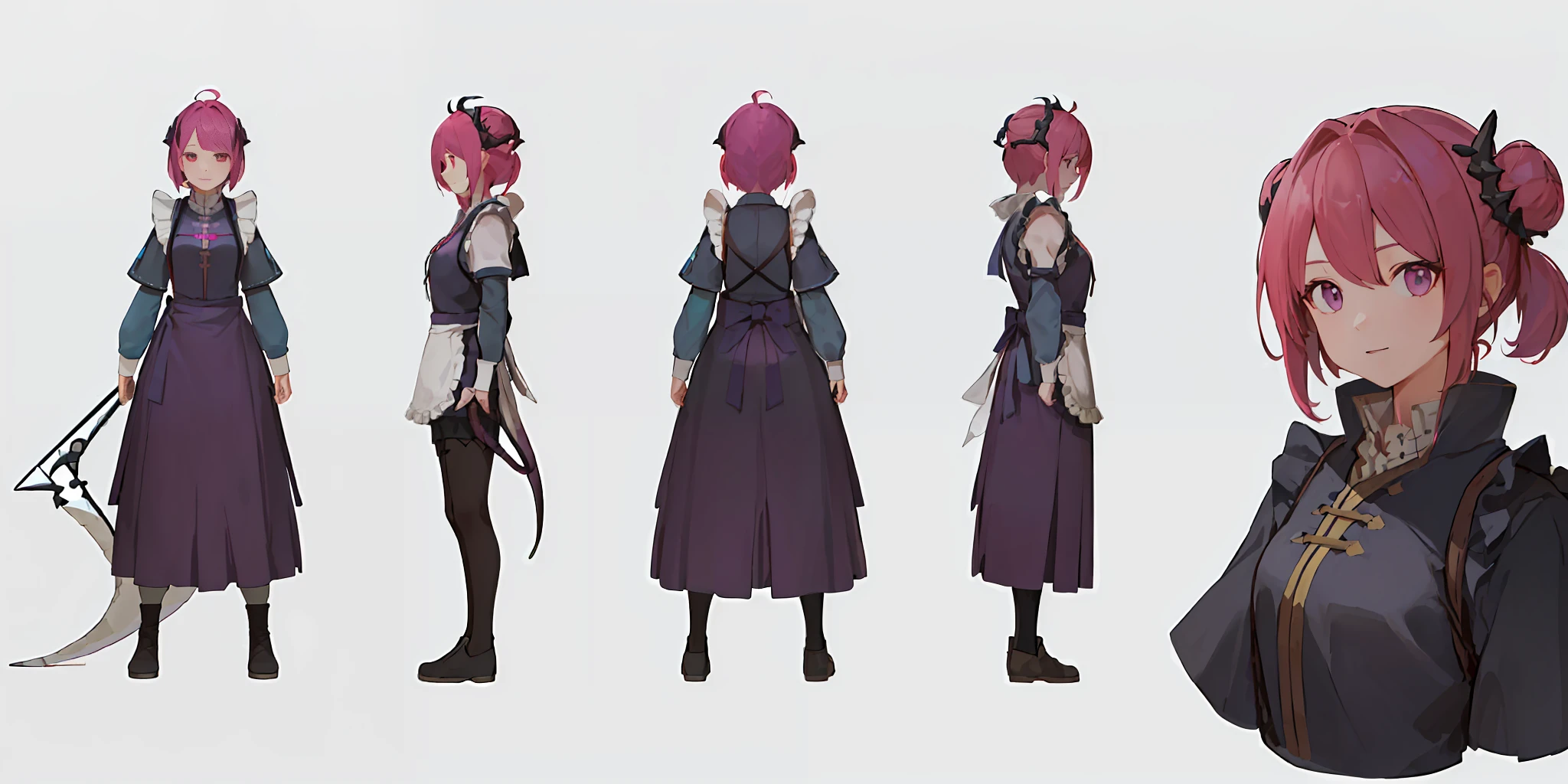 ((masterpiece)), (((best quality)), illustration, 1girl, 1. Make sure the character's hair is pink and his eyes are red, 2. Design the character to become a dragon knight archer wielding a large bow, 3. Make the character slim and wear a white dress, the top should be cropped with an apron and wraparound shawl, 4. Add a dragon's tail to the character as one of the traits, 5. Display characters on a white background for easy presentation, 6. Include front, side, and back views in the 3D model, as well as detailed views of weapons and other key features, make sure the model is rendered high quality and realistic to provide an immersive gaming experience, Hair color, hair bangs, hairstyle fax, eye style, environment glow, hairstyle fax, pose purple tai, goddess, shirt shirt, stars, charturnbetalora, (simple background, white background: 1.3), multi-view