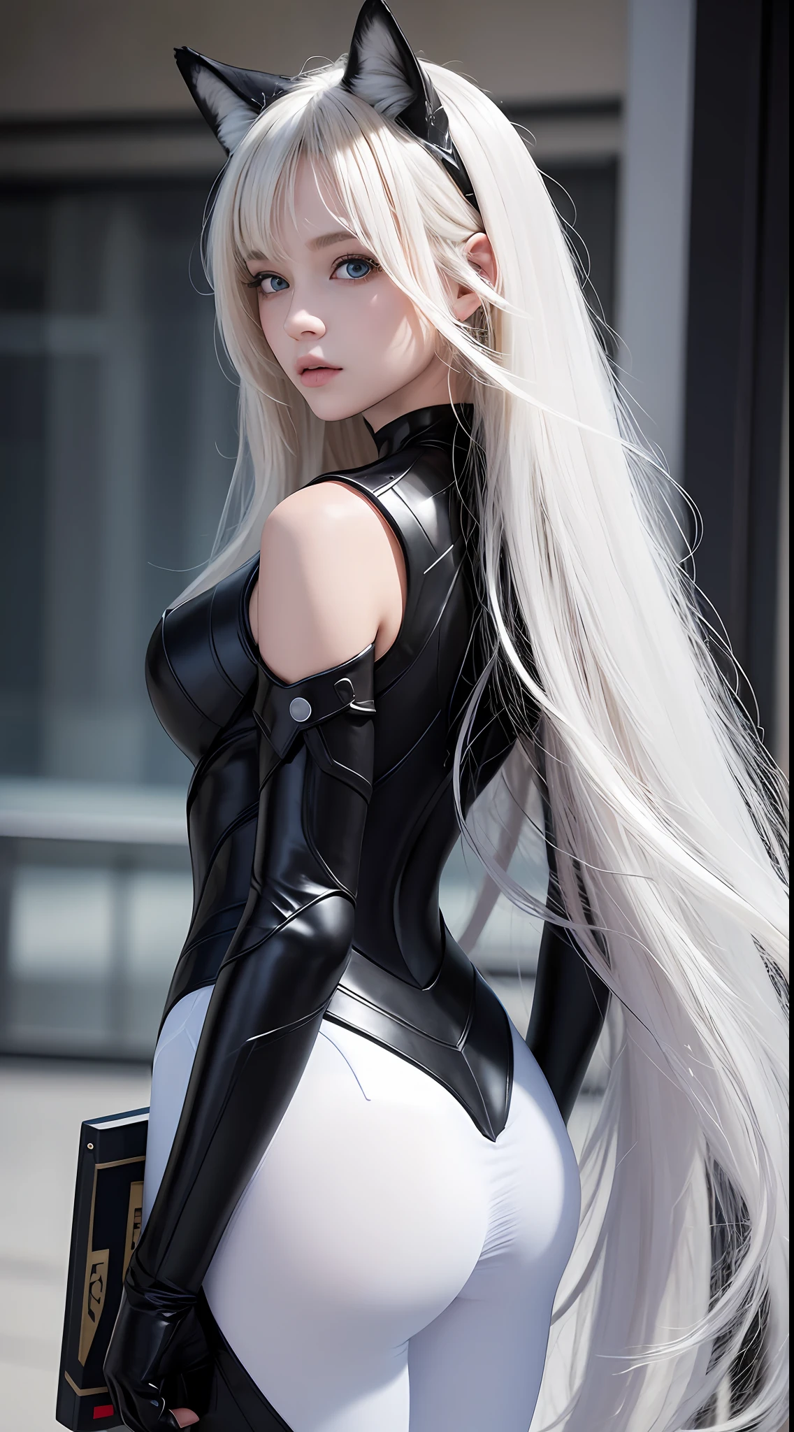 masterpiece, best quality, beautiful young woman,golden curly hair,Blue eyes,white fox ears, black Cybersuit,stands with her back to u