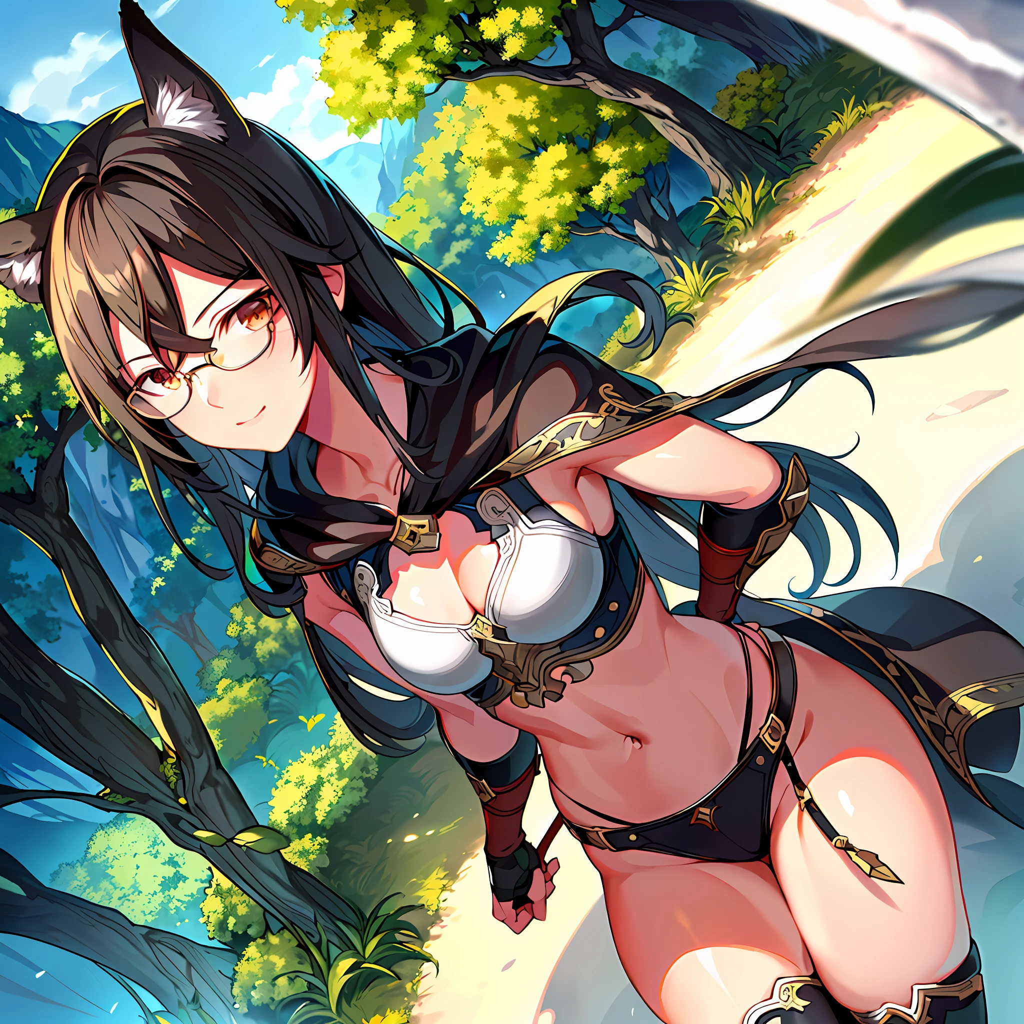 ((masterpiece, best quality)), (1 girl, small ???????), tan marks, dark skin, tan, disgust, from below, standing, hands on ????, upper body, wide shot, red long hair , cat ears, (cloak, glasses, lower milk), (?????? harness, muscular, wide ????, thick thighs, navel, thigh strap, leather long pants), boots, ((holding a dagger in the handle, dagger's Battle posture, outdoors, adventurer, bandit \(final fantasy\) ))), forest, dungeon background, nature, medieval, reflected light, raytracing, delicate background, ((wide shot)) ((detailed face Features)), Shallow Depth of Field, [Volume Fog], Cinematic Lighting, Reflections, 8K Resolution, Subtle, Absurd, Realism, Absurd, High Detail, (Ray Tracing), High Resolution, Ultra Detail, Physics Base Rendering, Surreal, Natural Light, (Highly Detailed CG 8K Wallpaper), (Very Delicate and Beautiful), (Masterpiece), (Highest Quality: 1.0), (Ultra High Resolution: 1.0), Beautiful Lighting, Realistic Shadows, [HiRes], Detailed Skin, Super Detailed, (Realistic, Photorealistic: 1.4)
