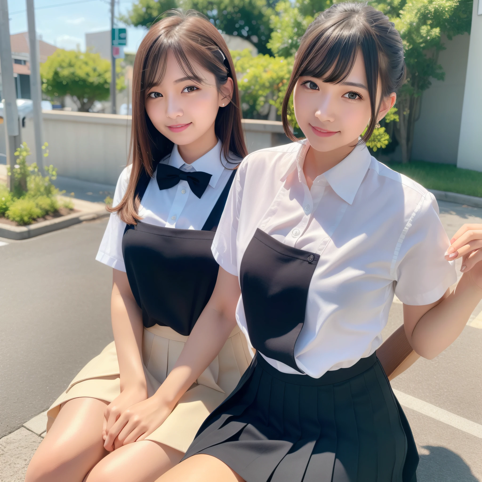 (8k, RAW photo, best quality, masterpiece: 1.2), (realistic, photo-realistic: 1.37), ultra-detailed, 1 girl, beautiful, solo, beautiful detailed sky, detailed coffee, night, sitting, (flushed nose), (smile: 1.1), (mouth closed), medium breasts, beautiful detailed eyes, (collared shirt: 1.1), bow tie, pleated skirt, (short hair: 1.2), long hair, taking big ice cream,