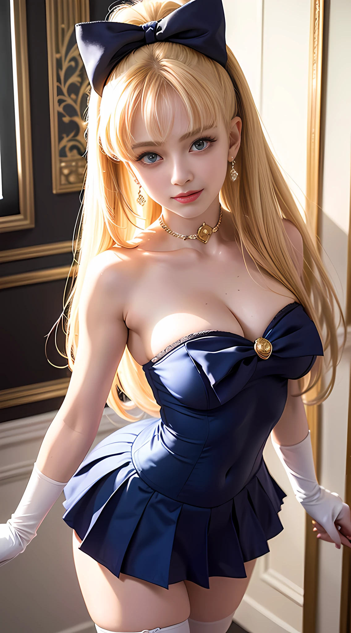 (Extreme Detail CG Unity 16K wallpaper, masterpiece, highest quality), (exquisite lighting and shadow, highly dramatic picture, cinematic lens effect), (Sailor Moon: 1.1), charming smile, double tails, big, blue eyes, long blonde hair, tight top, white gloves, mini skirt, white stockings), cosmic background (excellent detail, outstanding lighting, wide angle, full body), (excellent rendering, enough to stand out in its class),
