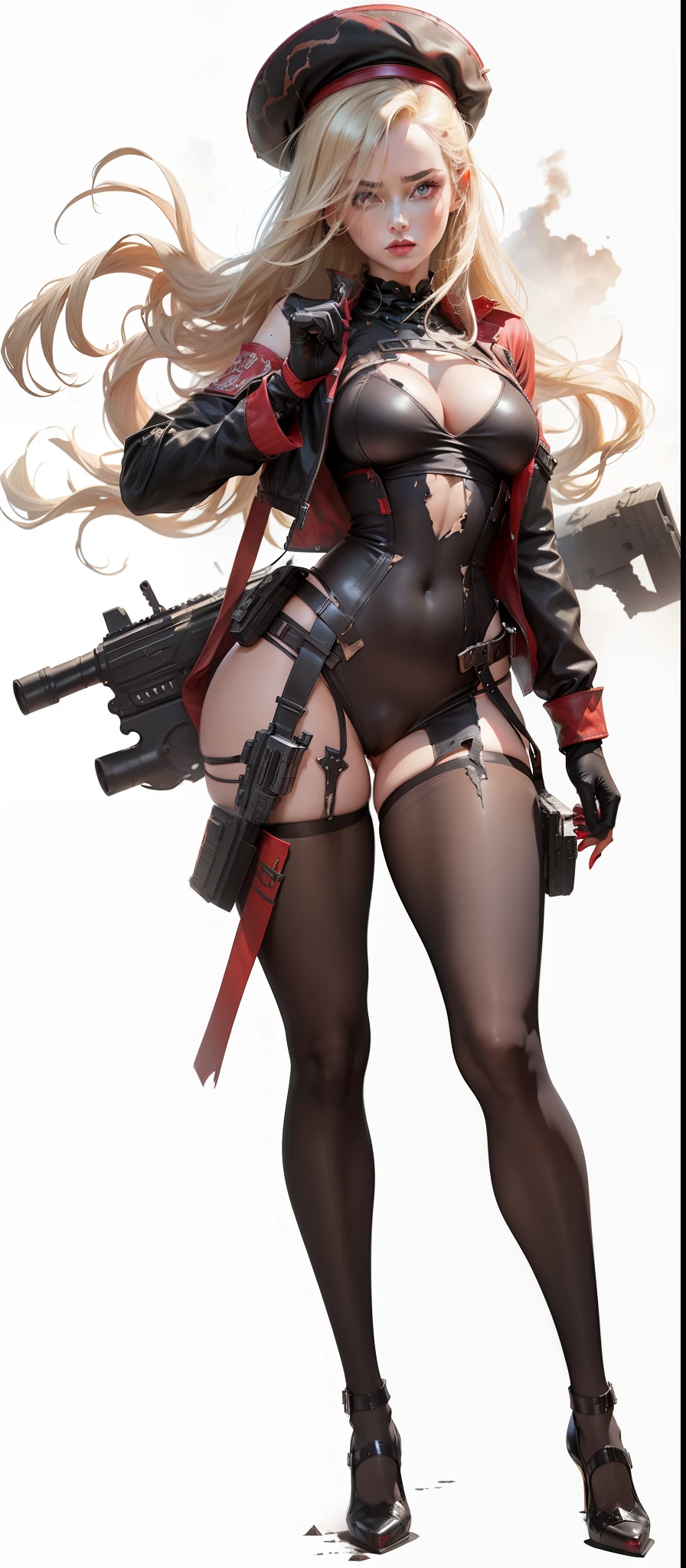 Beautiful and bold, seductive and attractive, red eyes, red lipstick, pale skin, pointed chest, long blonde hair, (open shirt, black bodysuit, , thong, black boots, short gloves, beret, assault le, Thick legs, cameltoe) ). (destroyed buildings, rubble roads, smoke, abandoned cars, abandoned objects, desolate world, abandoned roads, apocalyptic landscapes, cinematic effects), ( top quality, masterpiece , Depth of Field, Full HD, 4K, Rich Video ) Details), Portrait Style --auto --s2