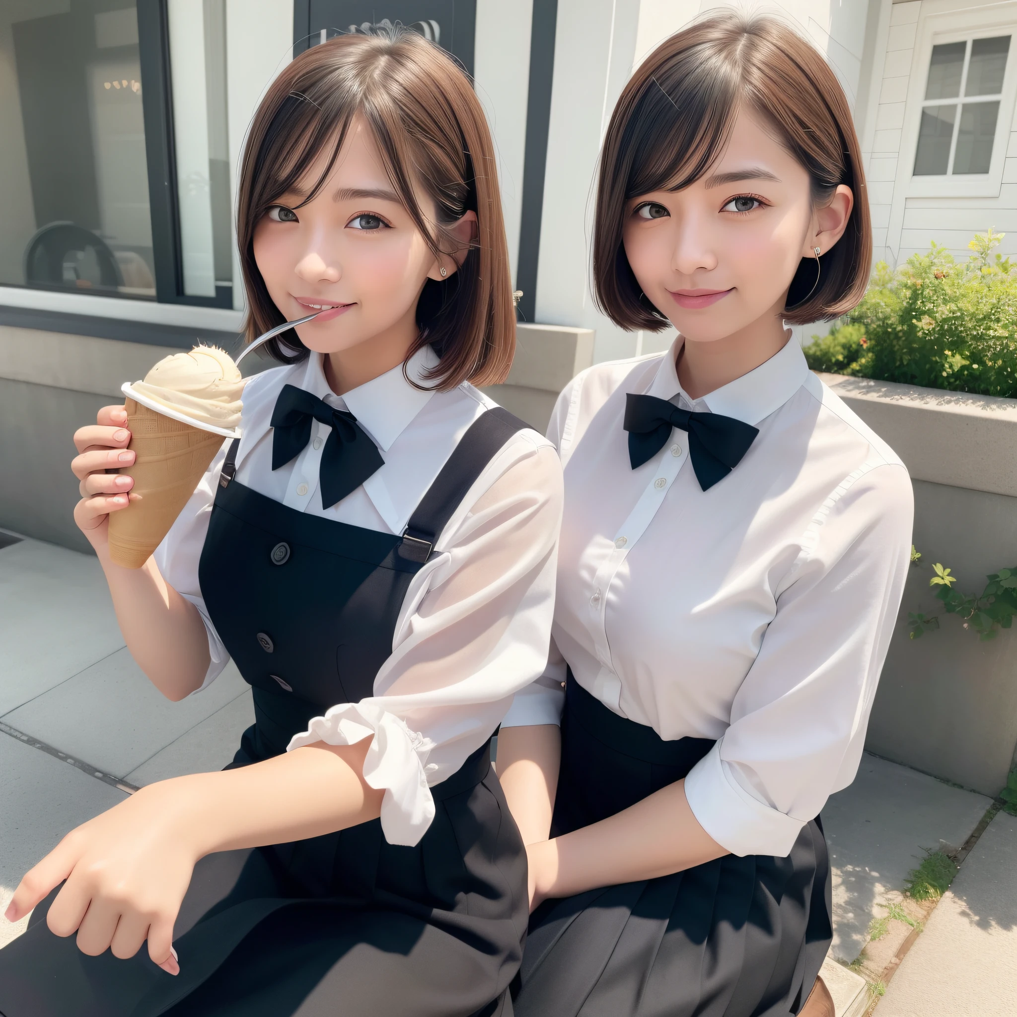 (8k, RAW photo, best quality, masterpiece: 1.2), (realistic, photo-realistic: 1.37), ultra-detailed, 1 girl, beautiful, solo, beautiful detailed sky, detailed coffee, night, sitting, (flushed nose), (smile: 1.1), (mouth closed), medium breasts, beautiful detailed eyes, (collared shirt: 1.1), bow tie, pleated skirt, (short hair: 1.2), long hair, taking big ice cream,