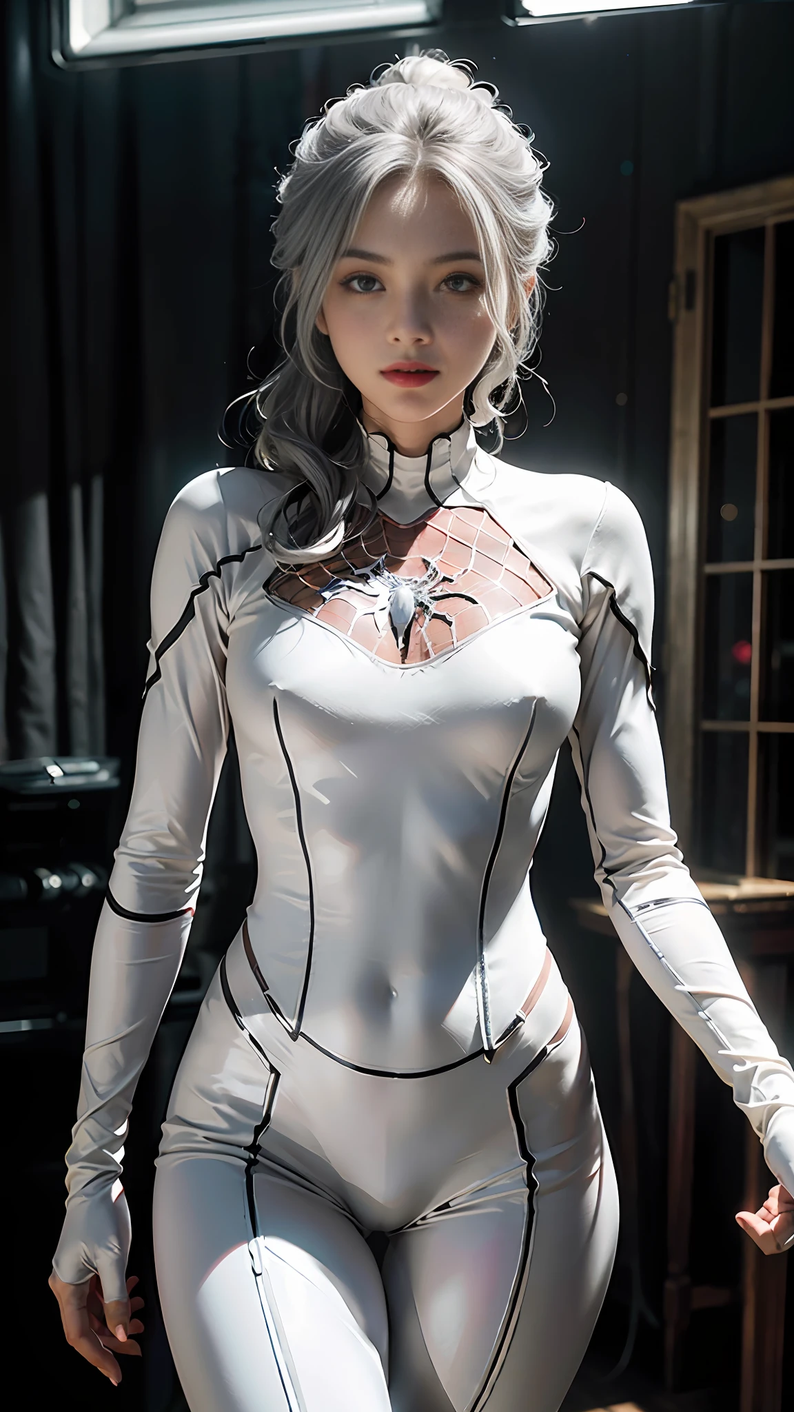 (Extreme Detail CG Unity 8K wallpaper, masterpiece, highest quality), (exquisite lighting and shadow, highly dramatic picture, cinematic lens effect), a girl in a white Spider-Man costume, silver gray hair color, from the Spider-Man parallel universe, Wenger, Marvel, Spider-Man, standing in an empty dance studio, dynamic pose), (excellent detail, outstanding lighting, wide angle), (excellent rendering is good enough to stand out in its class), with a focus on the white Spider-Man costume