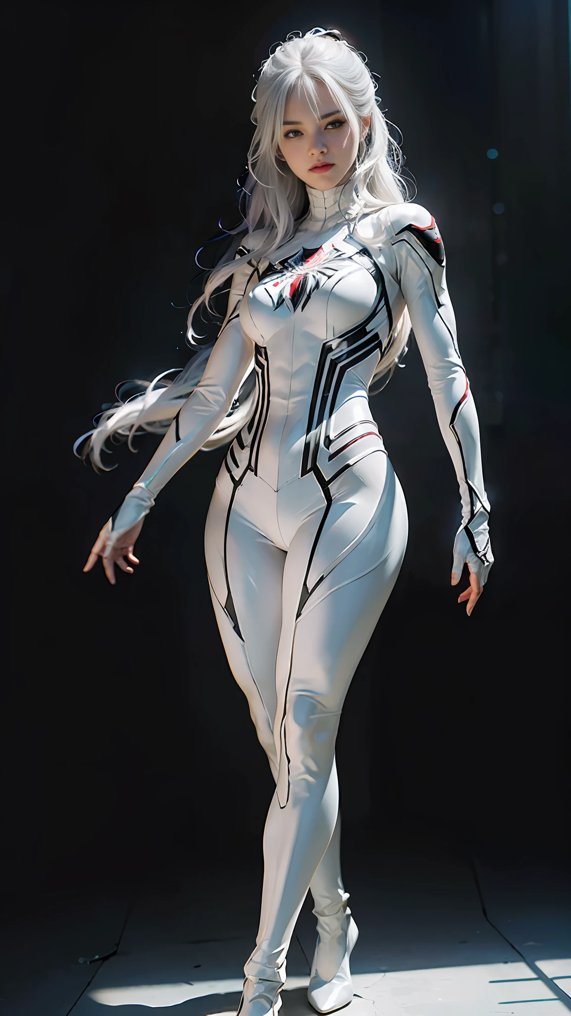 (Extreme Detail CG Unity 8K wallpaper, masterpiece, highest quality), (exquisite lighting and shadow, highly dramatic picture, cinematic lens effect), a girl in a white Spider-Man costume, silver gray hair color, from the Spider-Man parallel universe, Wenger, Marvel, Spider-Man, standing in an empty dance studio, dynamic pose), (excellent detail, outstanding lighting, wide angle), (excellent rendering is good enough to stand out in its class), with a focus on the white Spider-Man costume