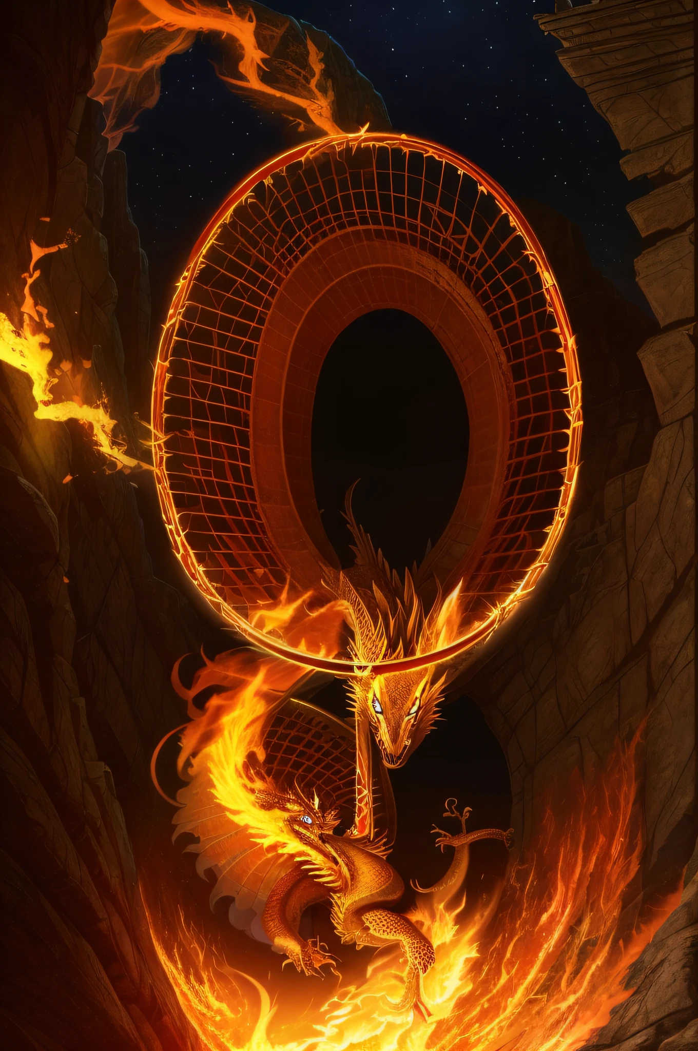 arafed tennis racket with flames in a tunnel with a light, charging through a dragons lair, badminton, dragon centered, arena background, cover shot, portrait shot, fan art, perfect shot, badass composition, volley court background, top-down shot, dragon in dragon lair, golden dragon, amazing wallpaper, by John La Gatta, 4 k detail fantasy