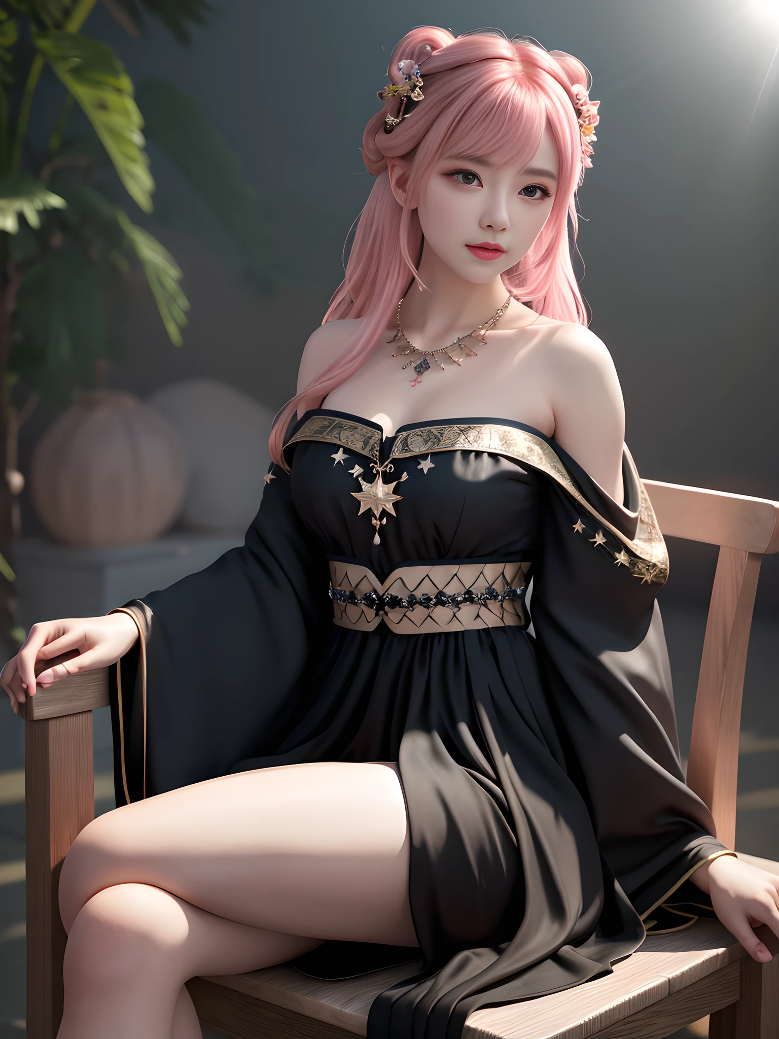 Best Quality, Masterpiece, High Resolution, Realistic, Real, 1girl, Solo, Mature Girl, Fairy, Detailed Hanfu, Black Dress, Bandeau, Leaky Shoulders, Bare Legs, Medium, Sitting on a Chair, Facing the Audience, Exuding Charm, Pink Hair, Hair Accessories, Necklace, Jewelry, Beautiful Face, Big Eyes, Blush, Star Eyes, Body Bustiness, Tyndall Effect, Dark Studio, Edge Lighting, Two-tone Lighting, (High Detail Skin: 1.2), 8K UHD, DSLR, Soft Light , high quality, volumetric light, sneak peek, photo, high resolution, 4k, 8k, bokeh,
