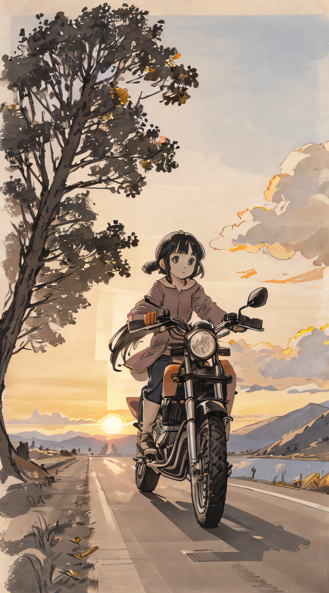 Sunset, road background, 2 little girls riding motorcycles,