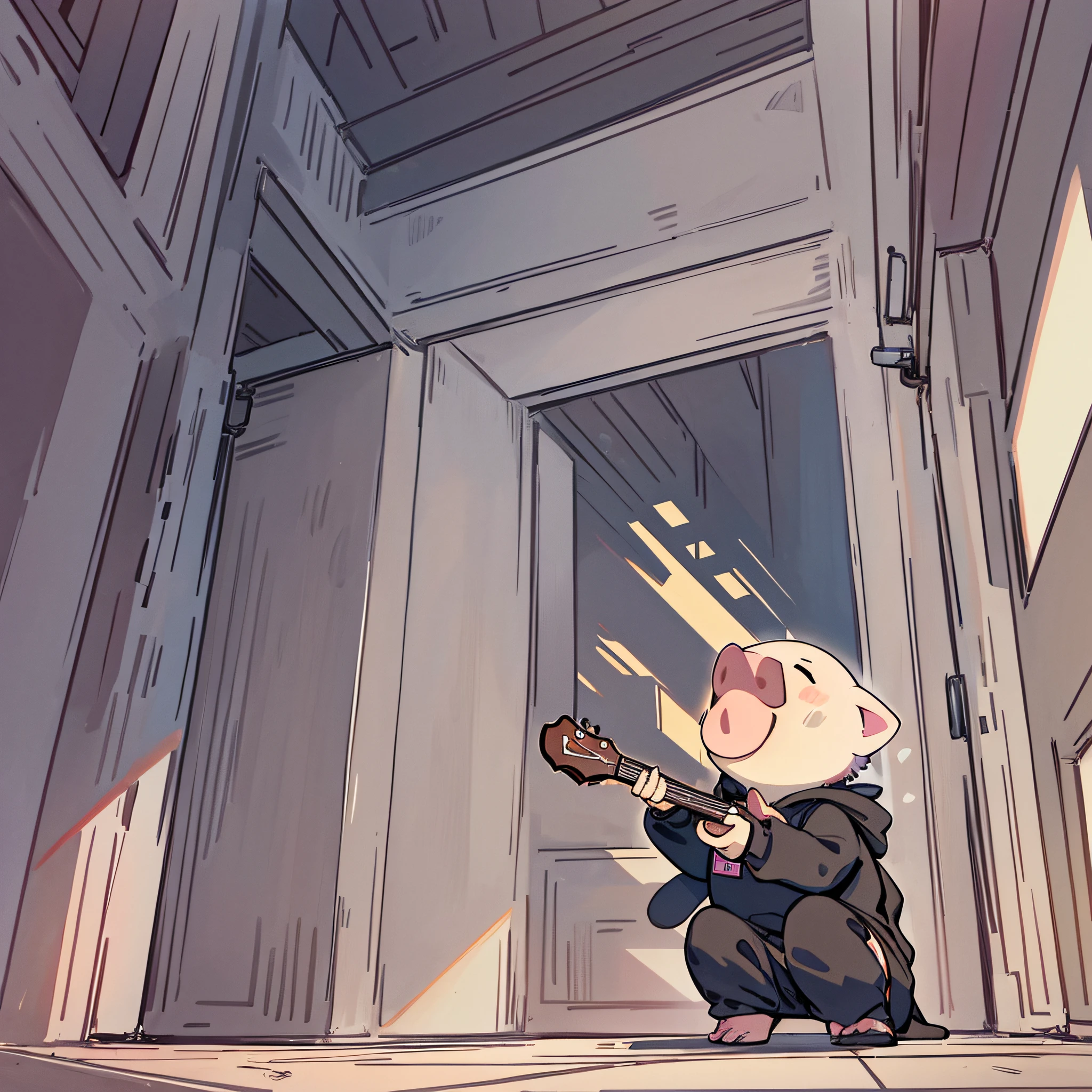 8K,Solo Pig, Tight Black Hoodie Clothes, Small Ears,Playing Ukulele,Looking Up Perspective, Cute Illustration, Low Angle,, Solid Color Background