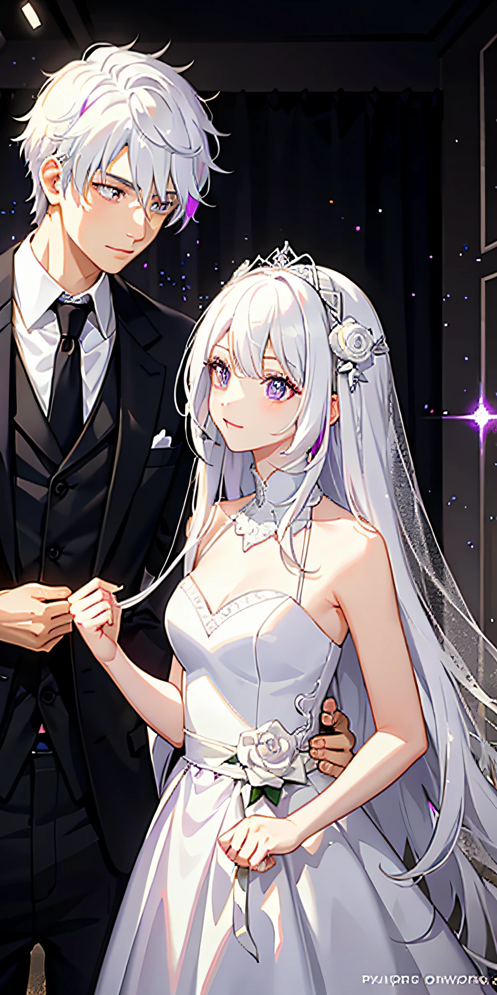 Couple, white hair, multicolored hair, purple eyes, head mask, side light, light particles, wallpaper, wedding dress