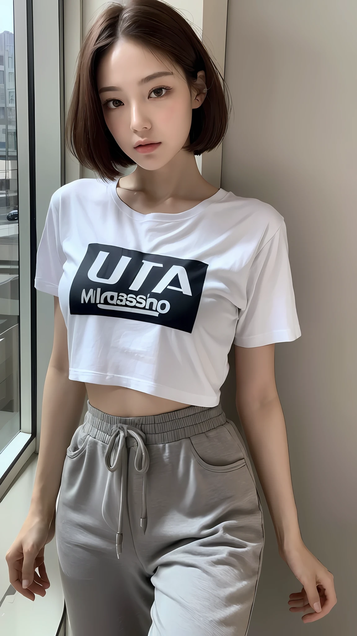 (Best quality, Ultra high resolution, Masterpiece :1.3), A tall and pretty woman, 얼짱, Slim figure beauty, Thin waist, (Short hair), Cropped t-shirt and sweatpants, Near window, Details exquisitely rendered in the face and skin texture, Detailed eyes, Double eyelid