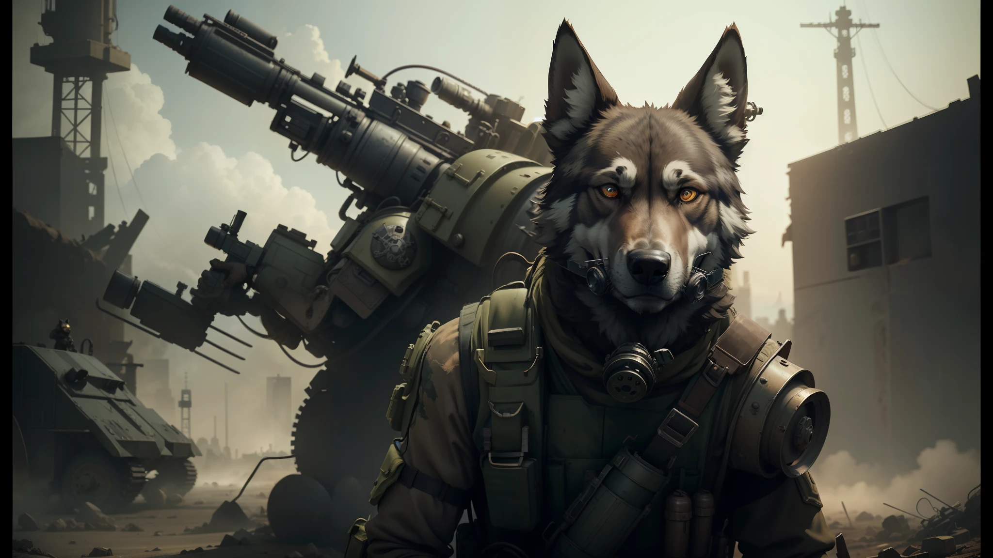 arafed dog with gas mask and gas mask standing in front of a machine, highly detailed vfx scene, fantasy wolf portrait, in a post-apocalyptic wasteland, animated character design, human soldiers, rendered in arnold, by Kanō Naizen, senior concept artist, animatronic --auto --s2