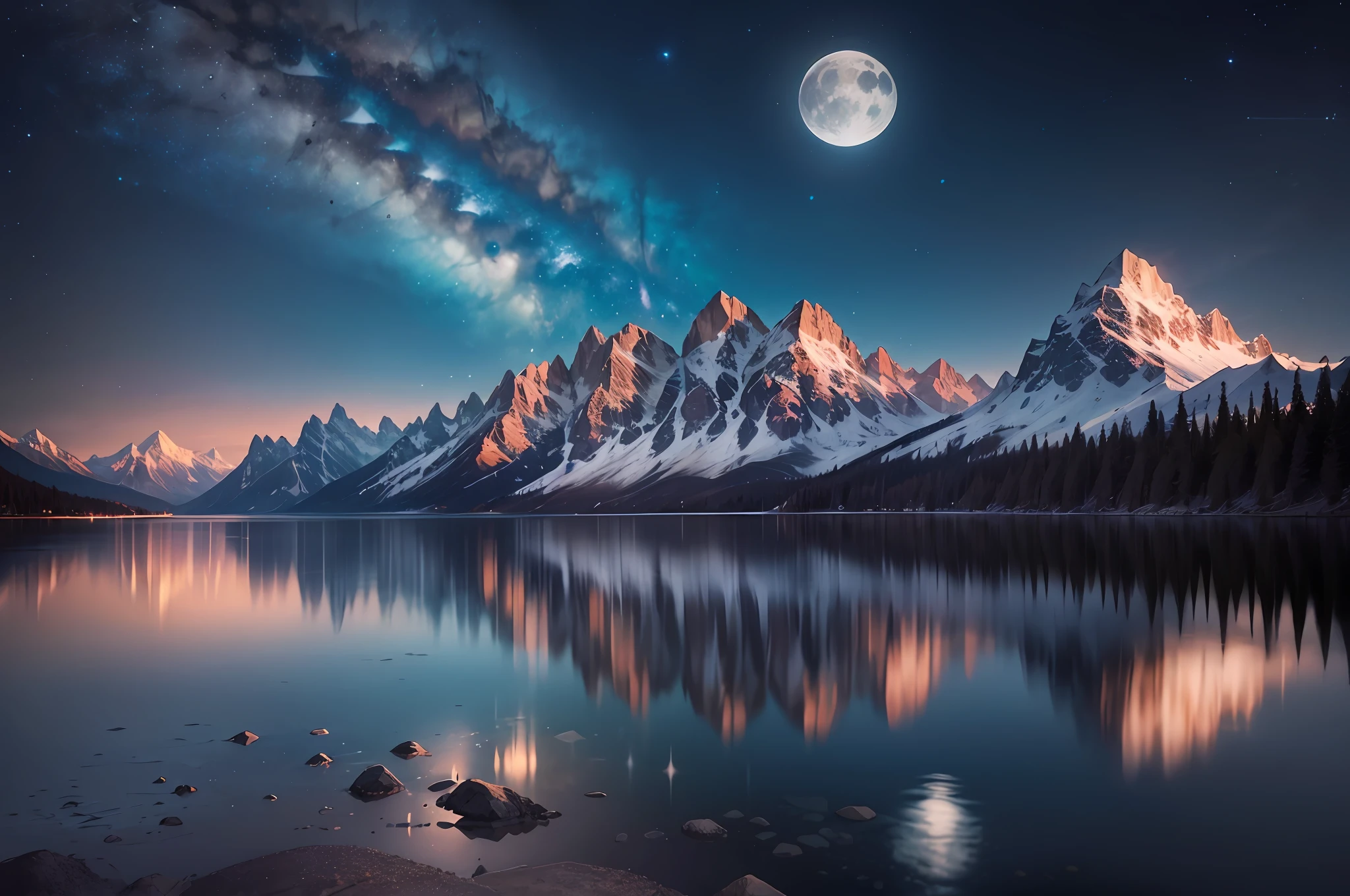 Majestic mountains rise up against the scenic view of a night-time waterfront. The water ripples gently as its surface reflects the moonlight and nearby cityscape. The mountains themselves are majestic and breathtaking, casting shadows against the dark sky. The scene is peaceful and serene, inviting the viewer to take a moment to relax and soak in the beauty of nature. --auto --s2