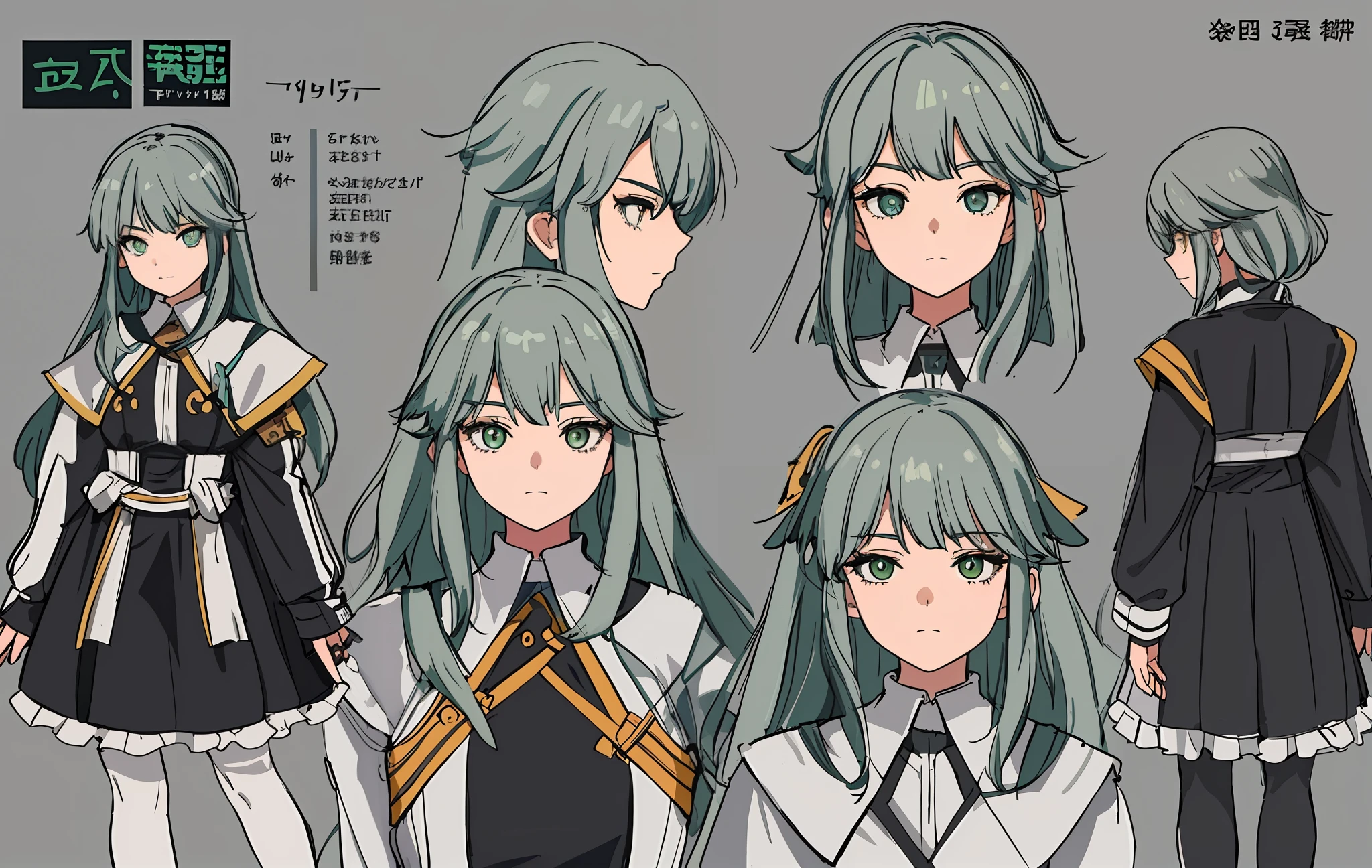 triangle hairpin,charturnerv2, 1boy, full body, same costume, concept art, full body, detail_face, line_sketch, PlanIt, official art, official alternative clothing, design style, multi-style, detail character, 4_side, original, 8K GC, lots of detail, multiple views of the same character, no background, only detail character, technical illustration, multi-view, masterpiece, best quality, black tights, Long eyelashes with leggings, grey-green hair, crossed bangs, amber eyes, horizontal pupils, tachi-e
