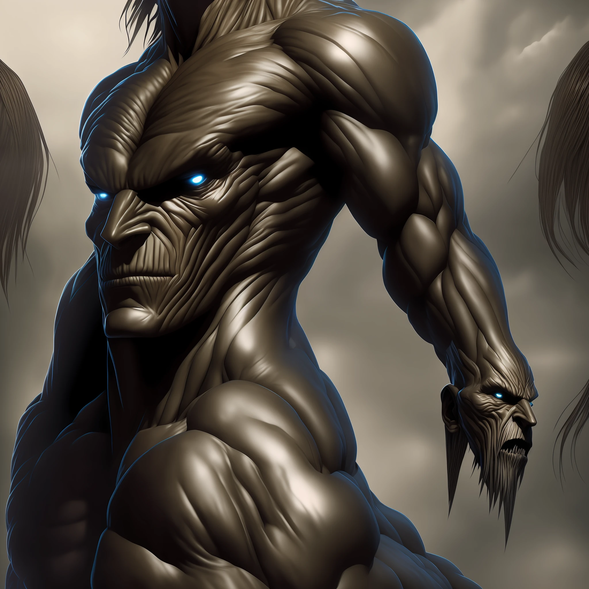 Generate realistic images of the Titans from the series 'Attack on Titan,' highlighting their unique and menacing characteristics. Capturing their disproportionate bodies, textured skin, and intimidating expressions is crucial. Create a series of images with different poses, angles, and special abilities, conveying the grandeur and danger they pose to humanity. Maintain the dark and oppressive atmosphere of the series --auto --s2