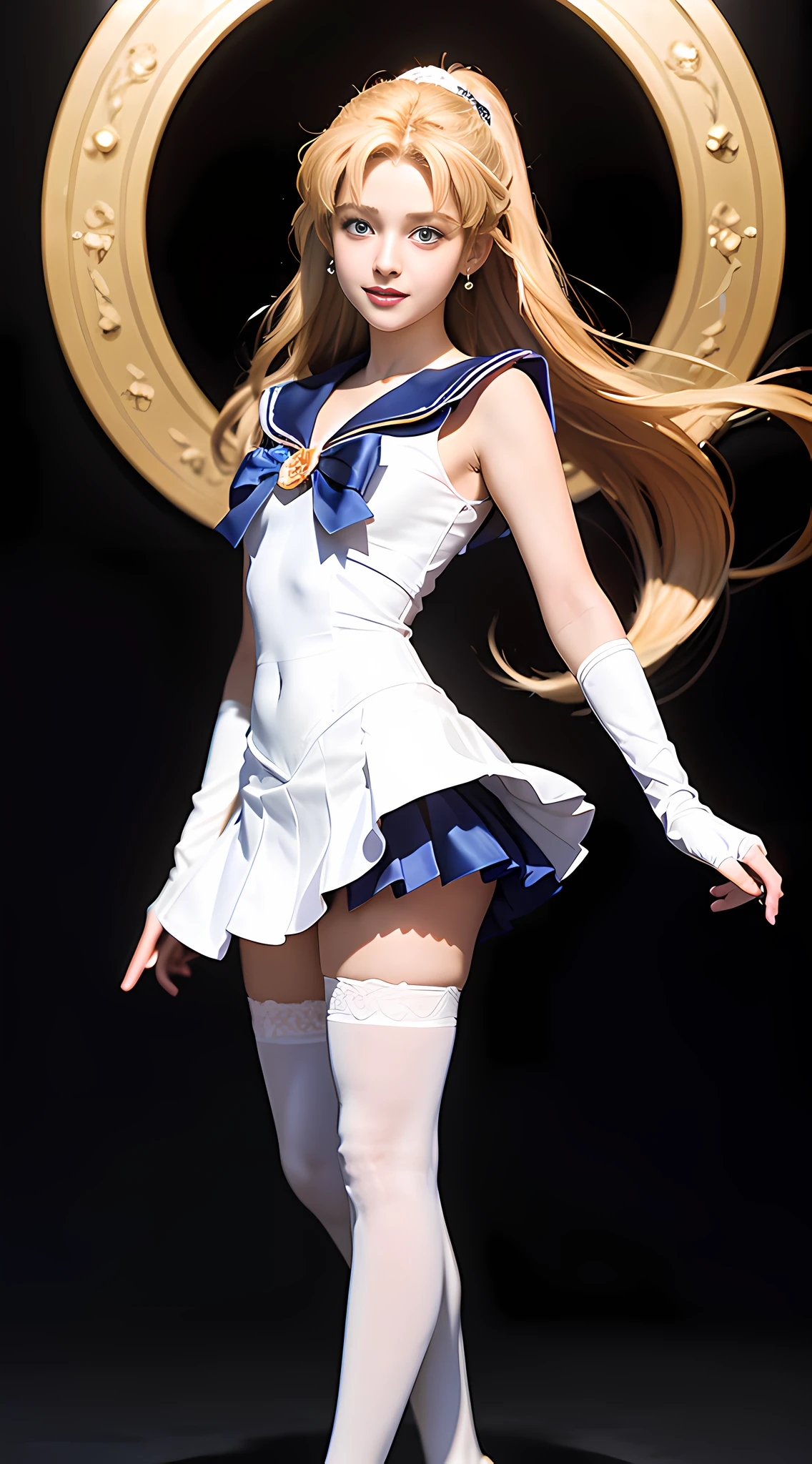 (Extreme Detail CG Unity 16K wallpaper, masterpiece, highest quality), (exquisite lighting and shadow, highly dramatic picture, cinematic lens effect), (Sailor Moon: 1.1), charming smile, double tails, big, blue eyes, long blonde hair, tight top, white gloves, mini skirt, white stockings), cosmic background (excellent detail, outstanding lighting, wide angle, full body), (excellent rendering, enough to stand out in its class),