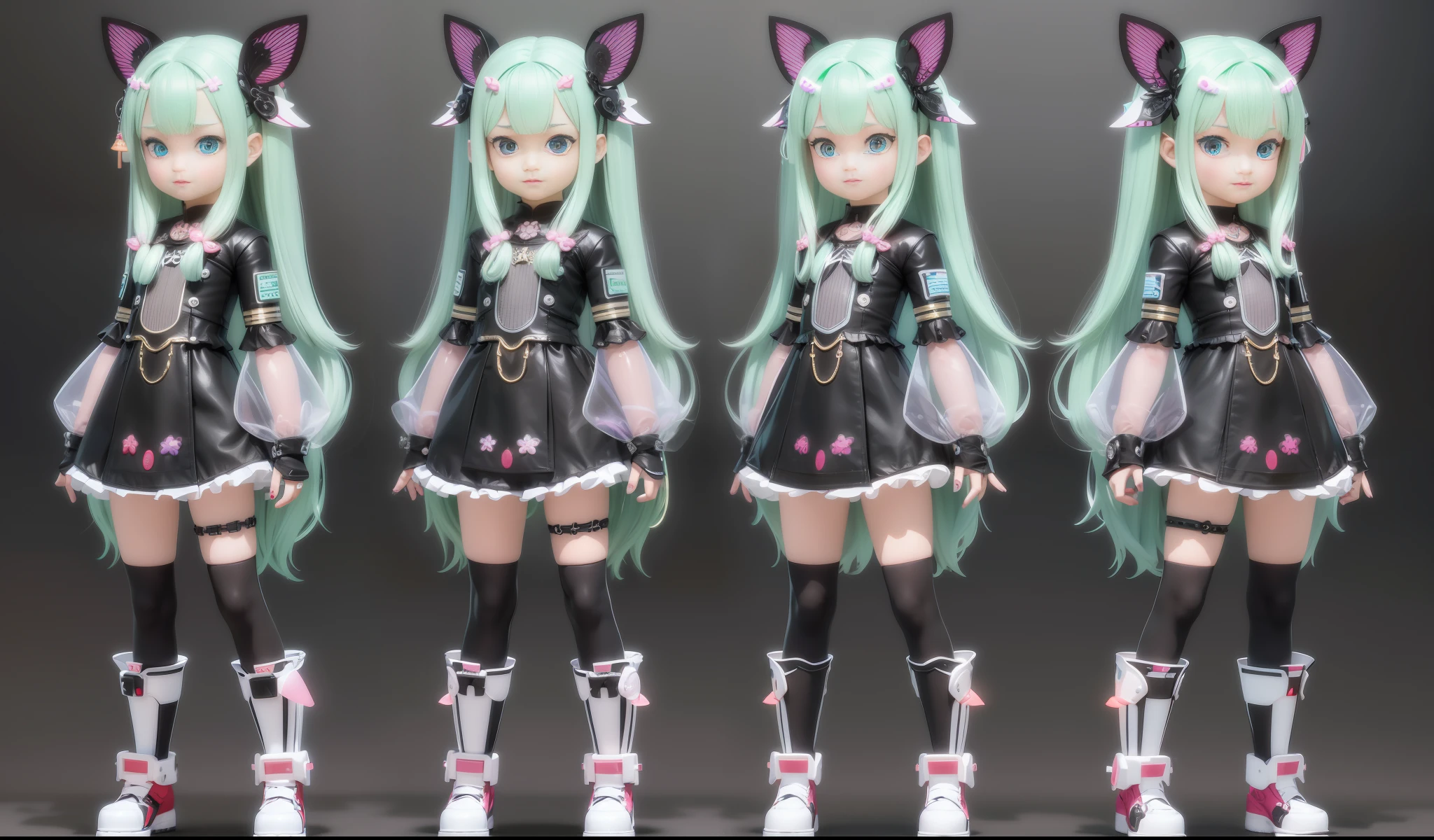 (same character, front, side, back), (whole body), in the center of the picture, realistic material, detailed lighting, delicate shadows, 3D toy little girl with exaggerated hair, 3D hair, beautiful eyes, fluorescent translucent, colorful, plastic, children, transparent, product design, glowing jelly, delicate plastic, delicate light 3D, Digital Art, Translucent Plastic Bubblegum, Close Up, 3D, Super Detailed, Generate Front View, Side View, Back View Three View, No Frame, C4D, Octane rendering, Blender, HD, full body, simple background! Detailed plastic material, 1 girl, standing, long hair, triangular hair clips, black tight top, leggings, long eyelashes, gray-green hair, crossed bangs, amber eyes, horizontal pupils --auto --s2