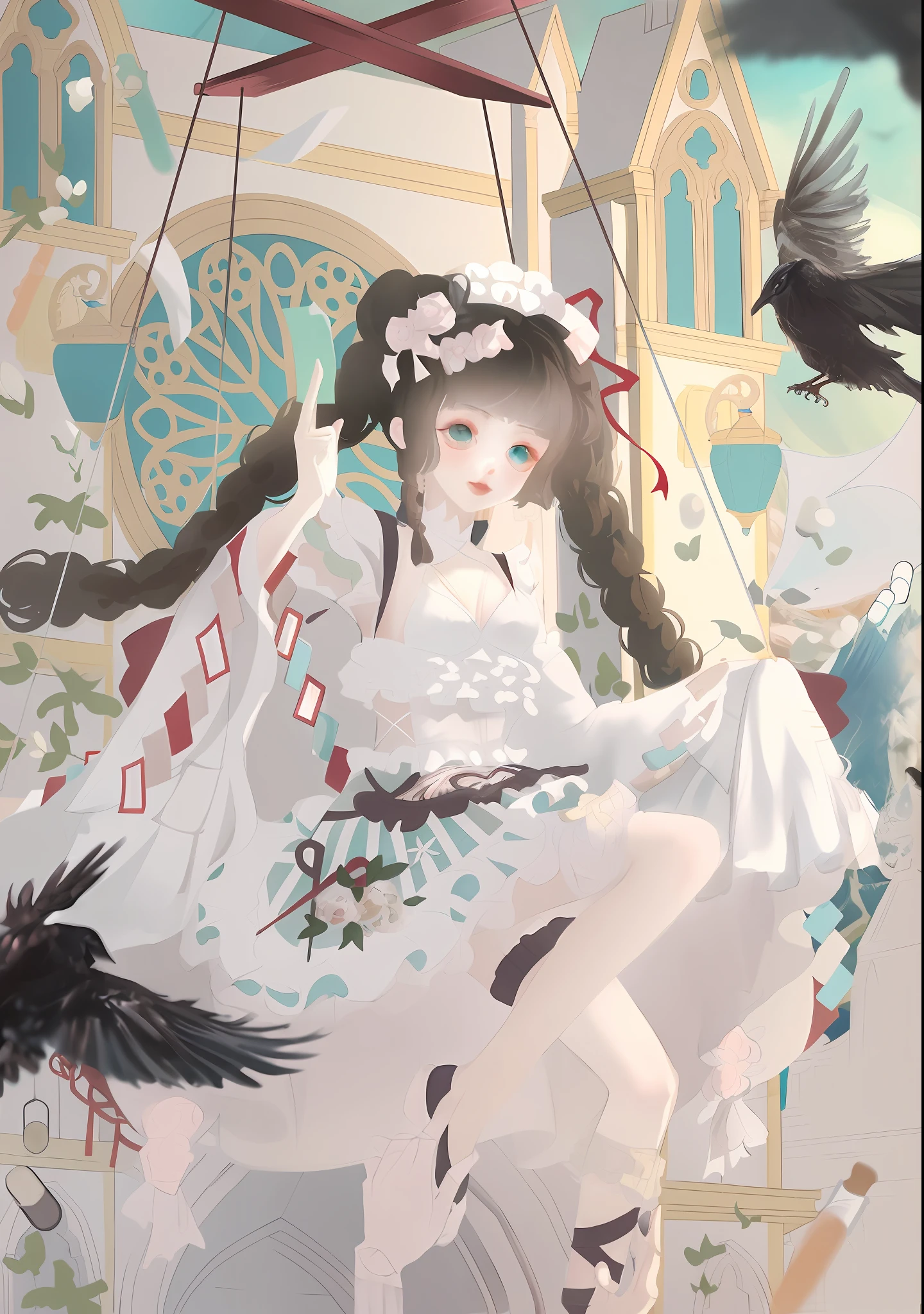 there is a woman that is sitting on a swing with a bird, artwork in the style of guweiz, guweiz, guweiz on pixiv artstation, digital art on pixiv, guweiz on artstation pixiv, guweiz masterpiece, pixiv style, soft anime illustration, pixiv, pixiv 3dcg