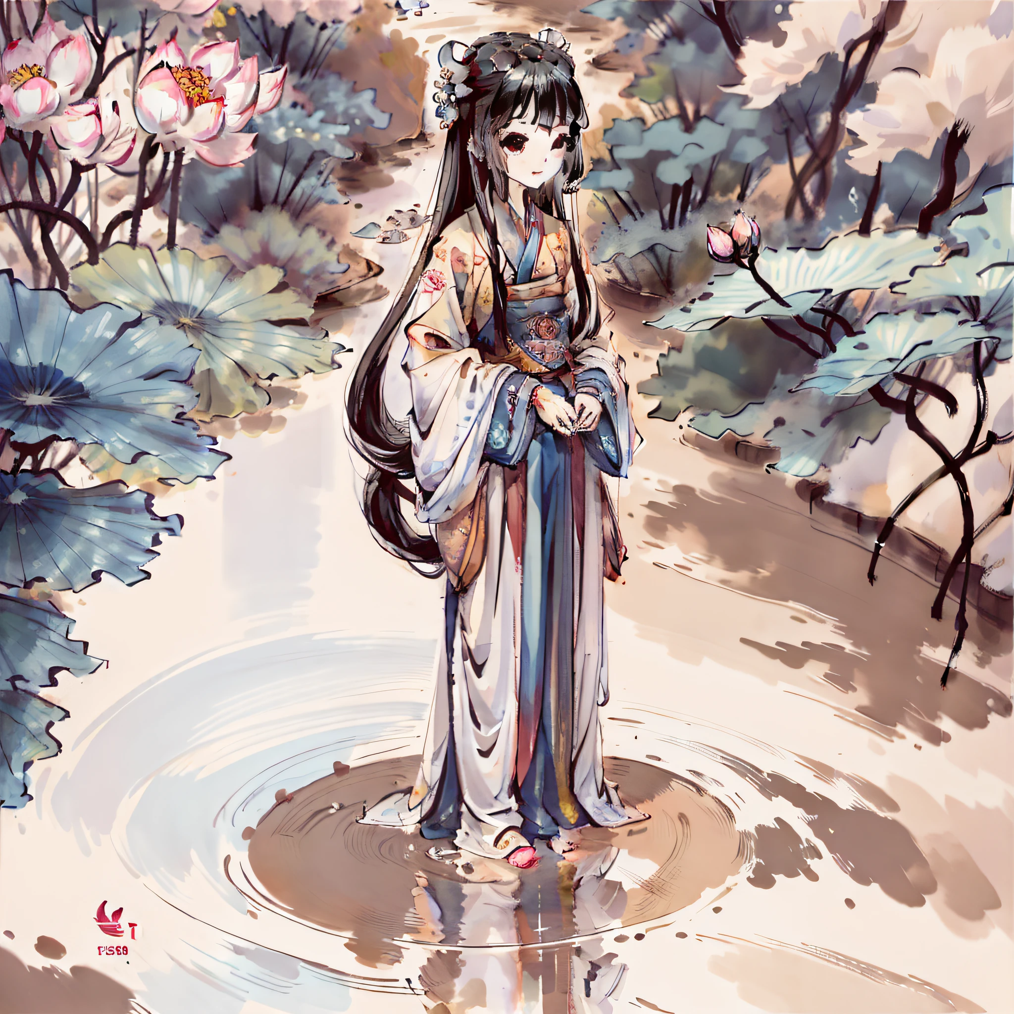 ((4K, Masterpiece, Best Quality)), shuimobysim, Chinese painting, lotus, hanfu, maxiskit, 1girl, solo, long blue hair, smile, standing, feet in water, barefoot