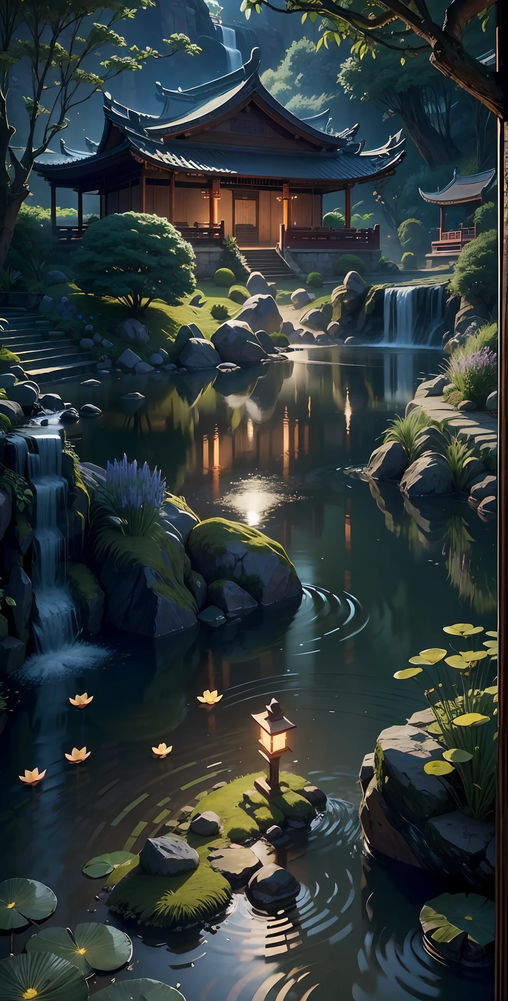 Ancient Chinese architecture, garden, bamboo, lake, stone bridge, rockery, arch, corner, rockery, tree, flowing water, landscape, outdoor, waterfall, meadow, rock, water lily, stream, lotus, moon, night view, hot springs, water vapor, (illustration: 1.0), epic composition, realistic lighting, high-definition detail, masterpiece, best quality, (very detailed CG unified 8k wallpaper), (best quality)