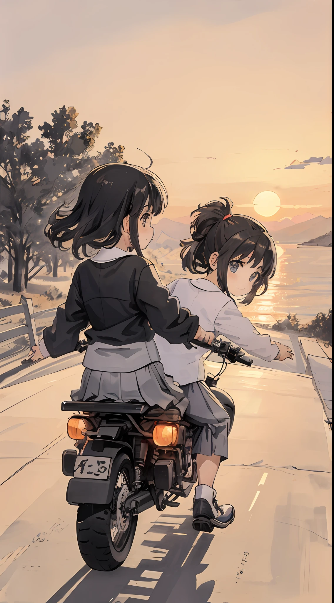 Sunset, road background, 2 girls riding motorcycles, back perspective close-up