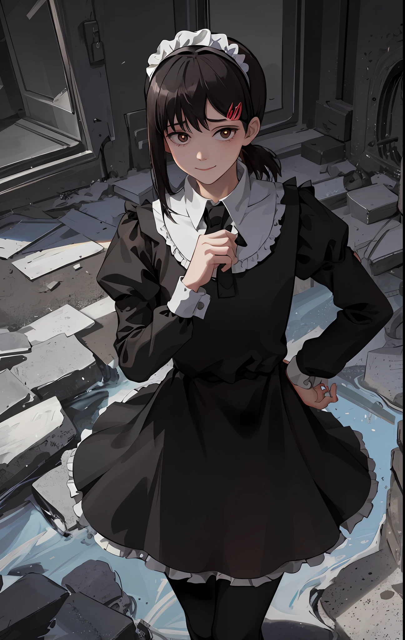 Masterpiece, Best Quality, High Quality, High Resolution, Masterpiece* Portrait, 1girl, Solo, Maid, Maid Tiara, Maid Apander, Smile, Silver Hair, [Silver | Black] Eyes, full body, hands down, hands carrying a dagger, ruffles, many side ruffles, poses