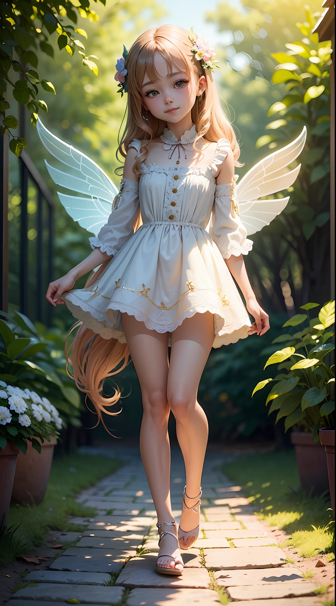 ((best quality)), ((masterpiece)), ( extreme detailed, highest detailed, official art, beautiful and aesthetic:1.2), depth, composition FULL BODY, CHIBI, Cute, (beautiful and detailed eye:1) , smilling, bokeh, bloom, blurred background , fairy, angel, (full body:1.5), photography, cinematic lighting, golden ratio