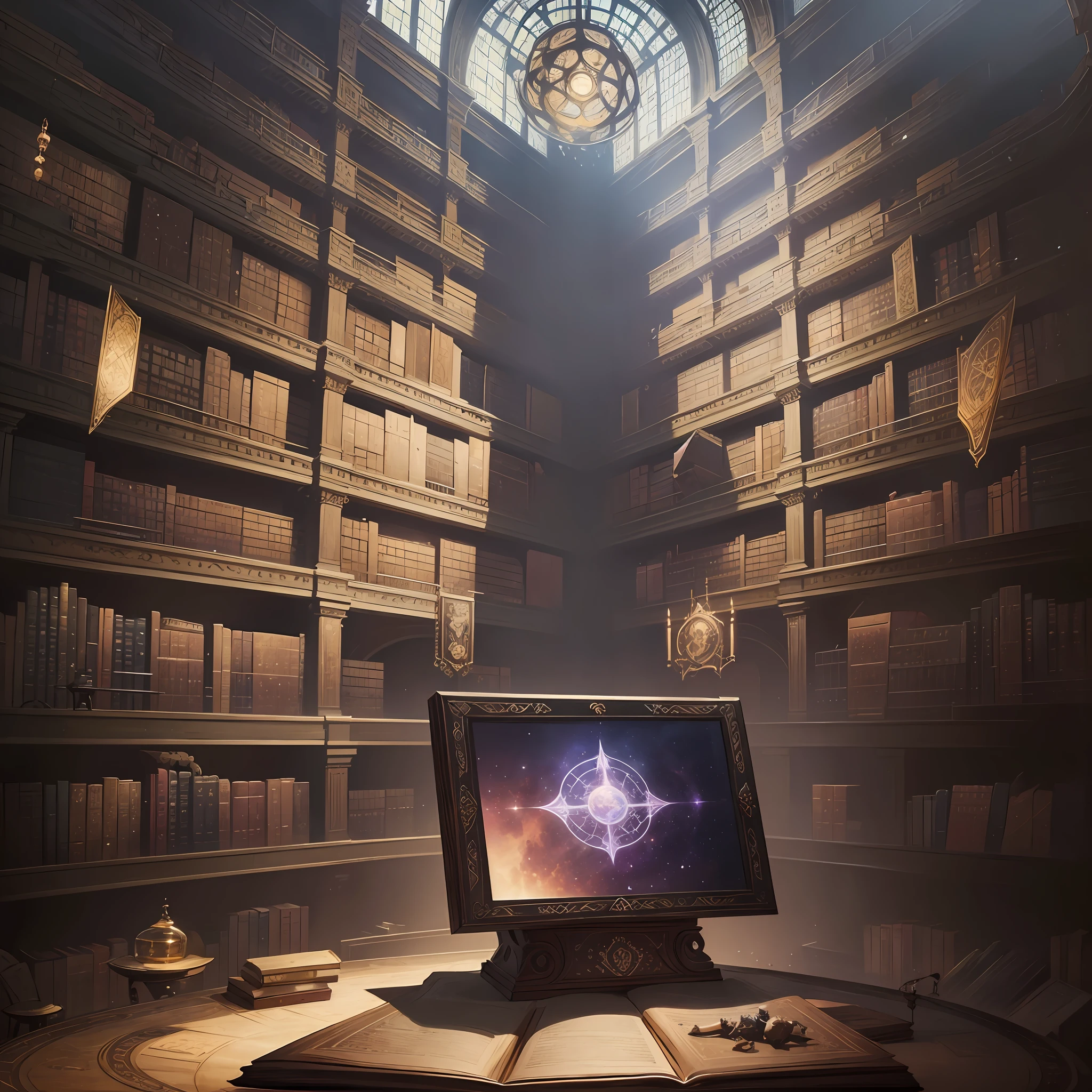 Arafard view of library with huge bookshelf, bear space library artwork, infinite celestial library, Babel library, alchemist library background, gothic epic library concept, infinite library, Babel library, fantasy book illustration, magic library, ruina concept art library, eternal library, tablet in the middle of the picture --auto --s2