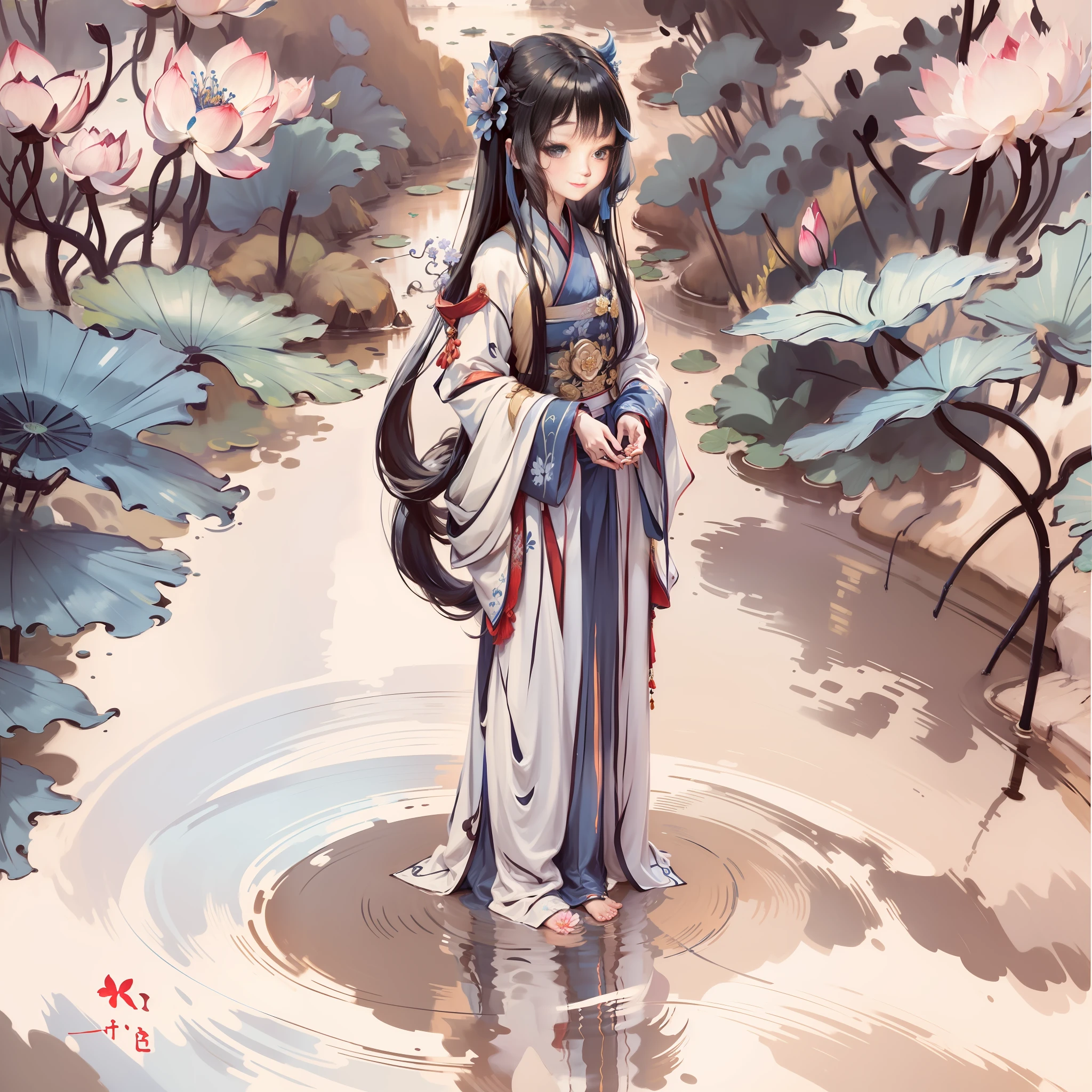 ((4K, Masterpiece, Best Quality)), shuimobysim, Chinese painting, lotus, hanfu, maxiskit, 1girl, solo, long blue hair, smile, standing, feet in water, barefoot