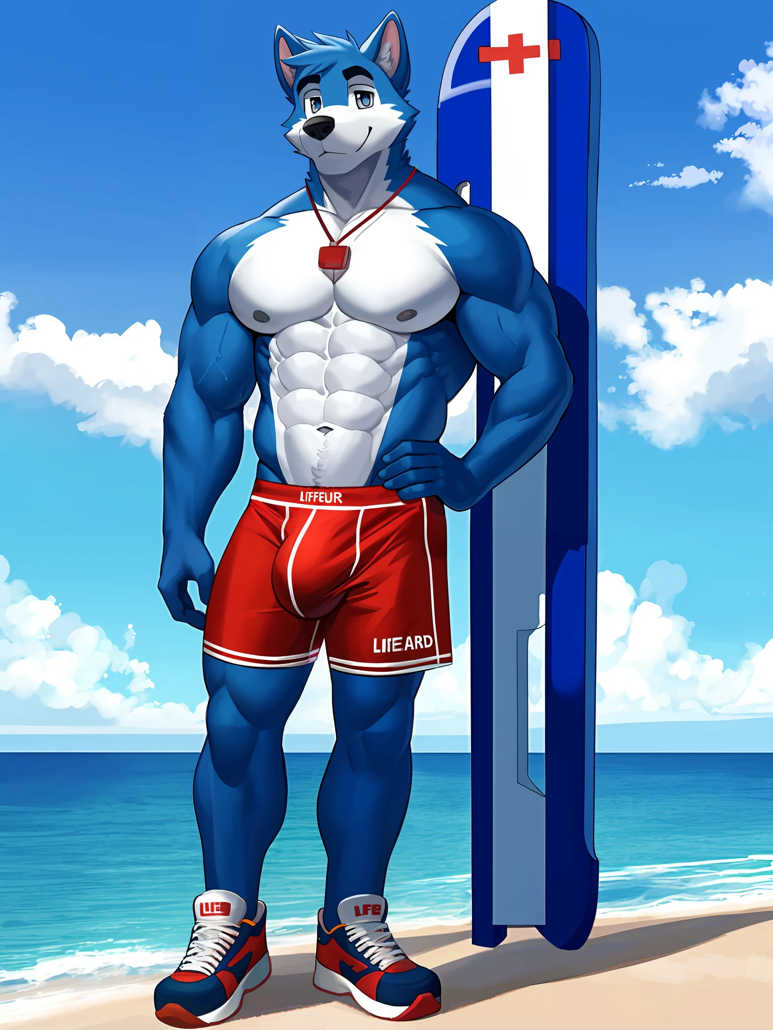 Male, delicate muscle lines, lifeguard, blue shirt, bulge, full body photo, one, blue dog, sea behind him, gray shoes, thin body, normal eyes