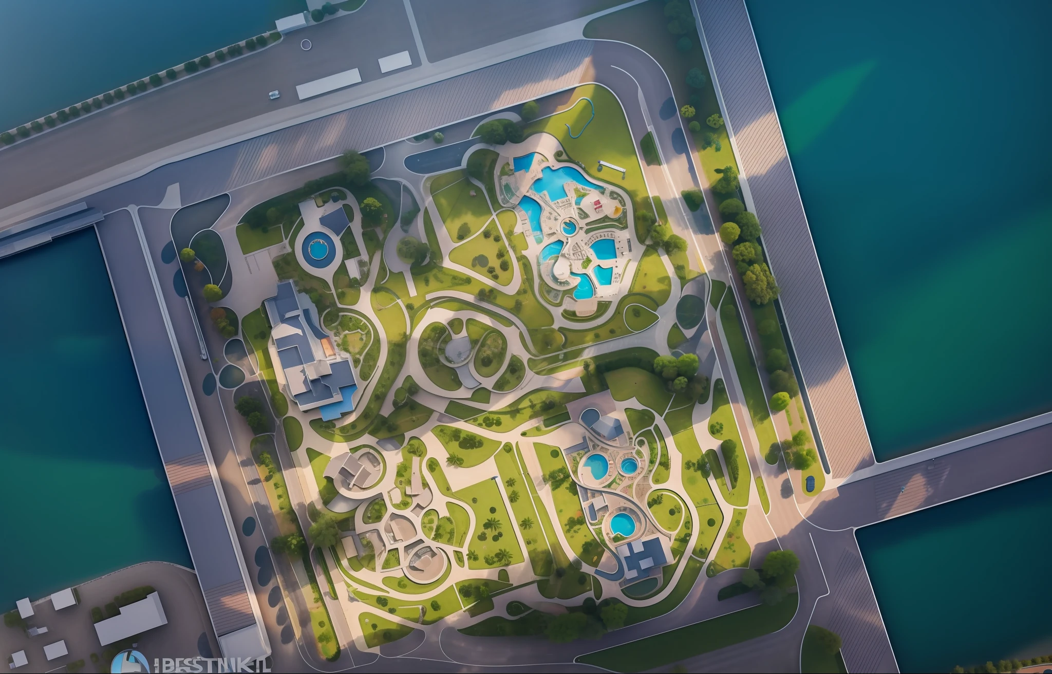 best quality,super detailed, (full detail),(4k),8k, aerial view of park with lots of trees and many buildings, aerial illustration, aerial view, aerial view, aerial view, aerial view, aerial view, aerial !!,view, aerial view, [ top view, aerial view, aerial view, aerial view, aerial view, aerial view, aerial view, aerial view, Vertical panorama of aerial view of the park with a water park and a curvilinear road network, photos taken from above, complex 3D rendering, complex 3D rendering, realistic rendering --auto --s2