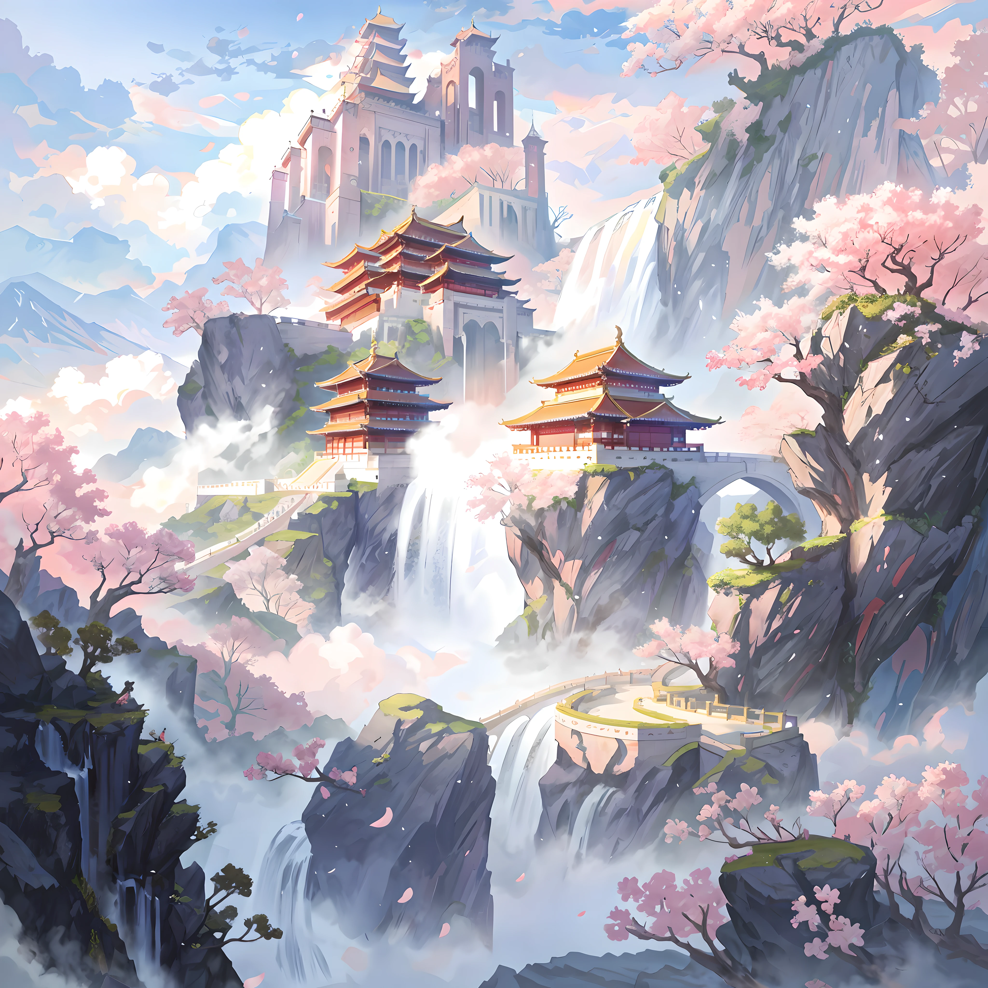Anime, a large East Asian building, ancient buildings, valleys, pink trees, magical plant growth, extreme details, realistic lighting, epic composition, (complex details), (complex design, super details: 1.2), art station, (masterpiece, best quality), illustrations, ultra hd, landscape background, anime fantasy artwork, 8k, temple background, high detail official artwork, cloud palace, palace background, 4k detail, detailed game art illustration, background