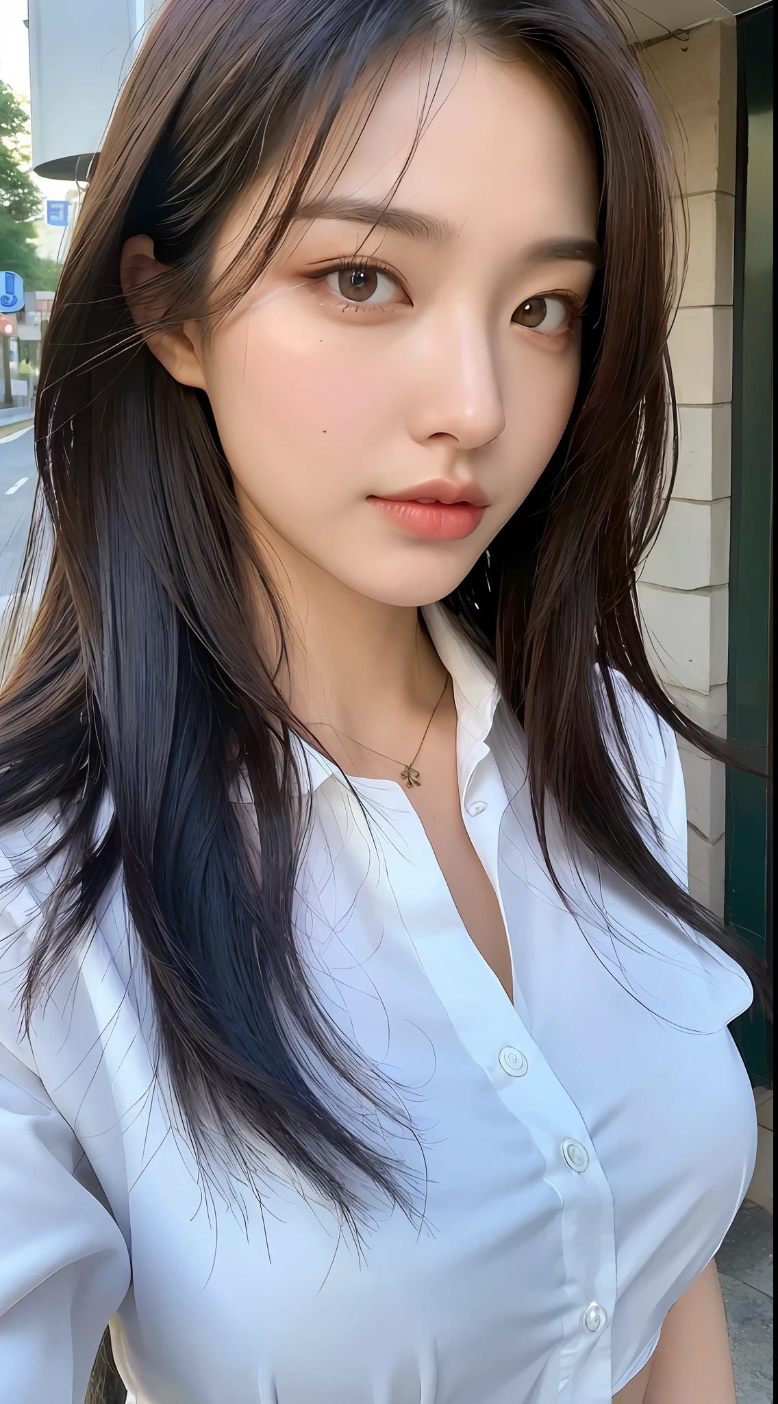 ((Best Quality, 8K, Masterpiece: 1.3)), Sharp: 1.2, Perfect Body Beauty: 1.4, Slim Abs: 1.2, ((Layered Hairstyle, Big Breasts: 1.2)), (Wet White Button Long Shirt: 1.1), (Rain, Street: 1.2), Wet: 1.5, Highly detailed face and skin texture, detailed eyes, double eyelids, side face looking at the camera