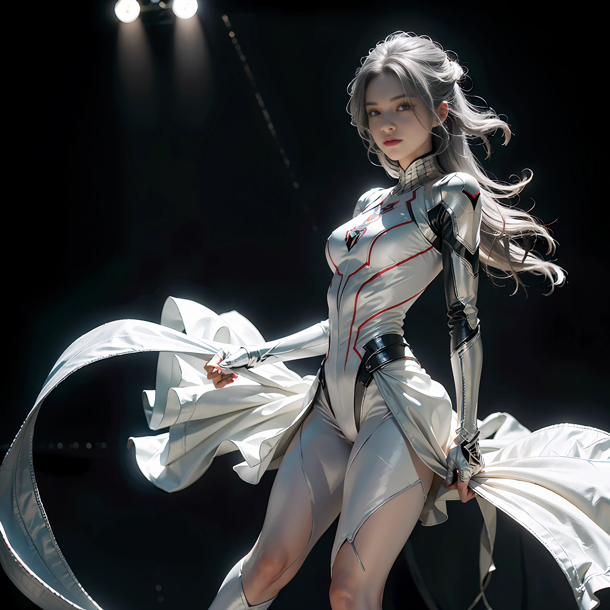 (Extreme Detail CG Unity 8K wallpaper, masterpiece, highest quality), (exquisite lighting and shadow, highly dramatic picture, cinematic lens effect), a girl in a white Spider-Man costume, silver gray hair color, from the Spider-Man parallel universe, Wenger, Marvel, Spider-Man, standing in an empty dance studio, dynamic pose), (excellent detail, outstanding lighting, wide angle), (excellent rendering is good enough to stand out in its class), with a focus on the white Spider-Man costume