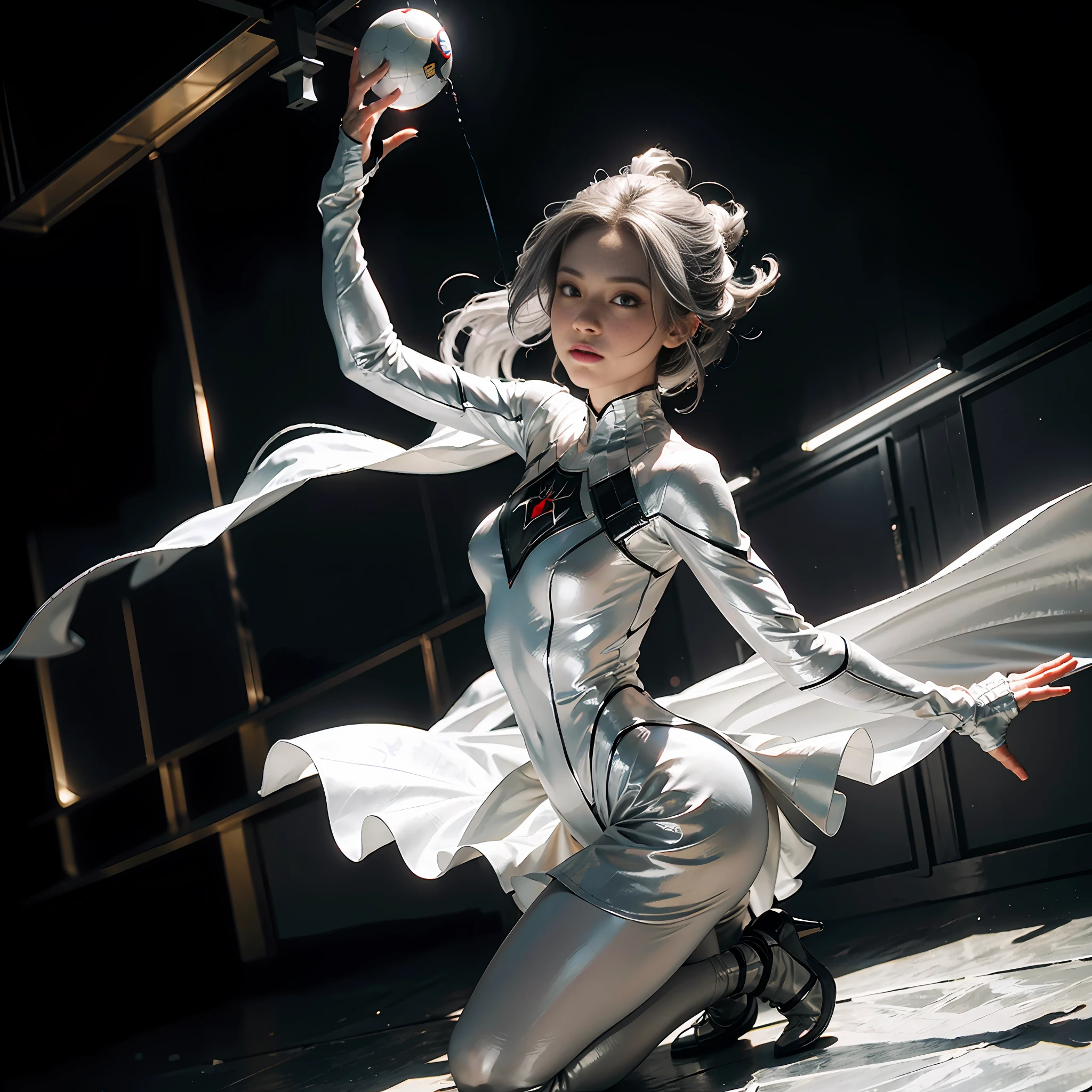 (Extreme Detail CG Unity 8K wallpaper, masterpiece, highest quality), (exquisite lighting and shadow, highly dramatic picture, cinematic lens effect), a girl in a white Spider-Man costume, silver gray hair color, from the Spider-Man parallel universe, Wenger, Marvel, Spider-Man, standing in an empty dance studio, dynamic pose), (excellent detail, outstanding lighting, wide angle), (excellent rendering is good enough to stand out in its class), with a focus on the white Spider-Man costume