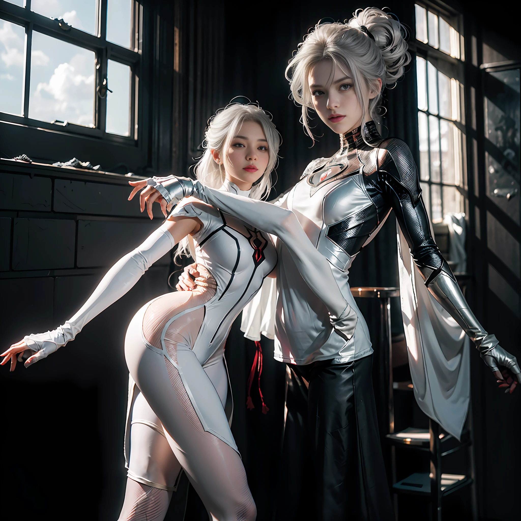 (Extreme Detail CG Unity 8K wallpaper, masterpiece, highest quality), (exquisite lighting and shadow, highly dramatic picture, cinematic lens effect), a girl in a white Spider-Man costume, silver gray hair color, from the Spider-Man parallel universe, Wenger, Marvel, Spider-Man, standing in an empty dance studio, dynamic pose), (excellent detail, outstanding lighting, wide angle), (excellent rendering is good enough to stand out in its class), with a focus on the white Spider-Man costume