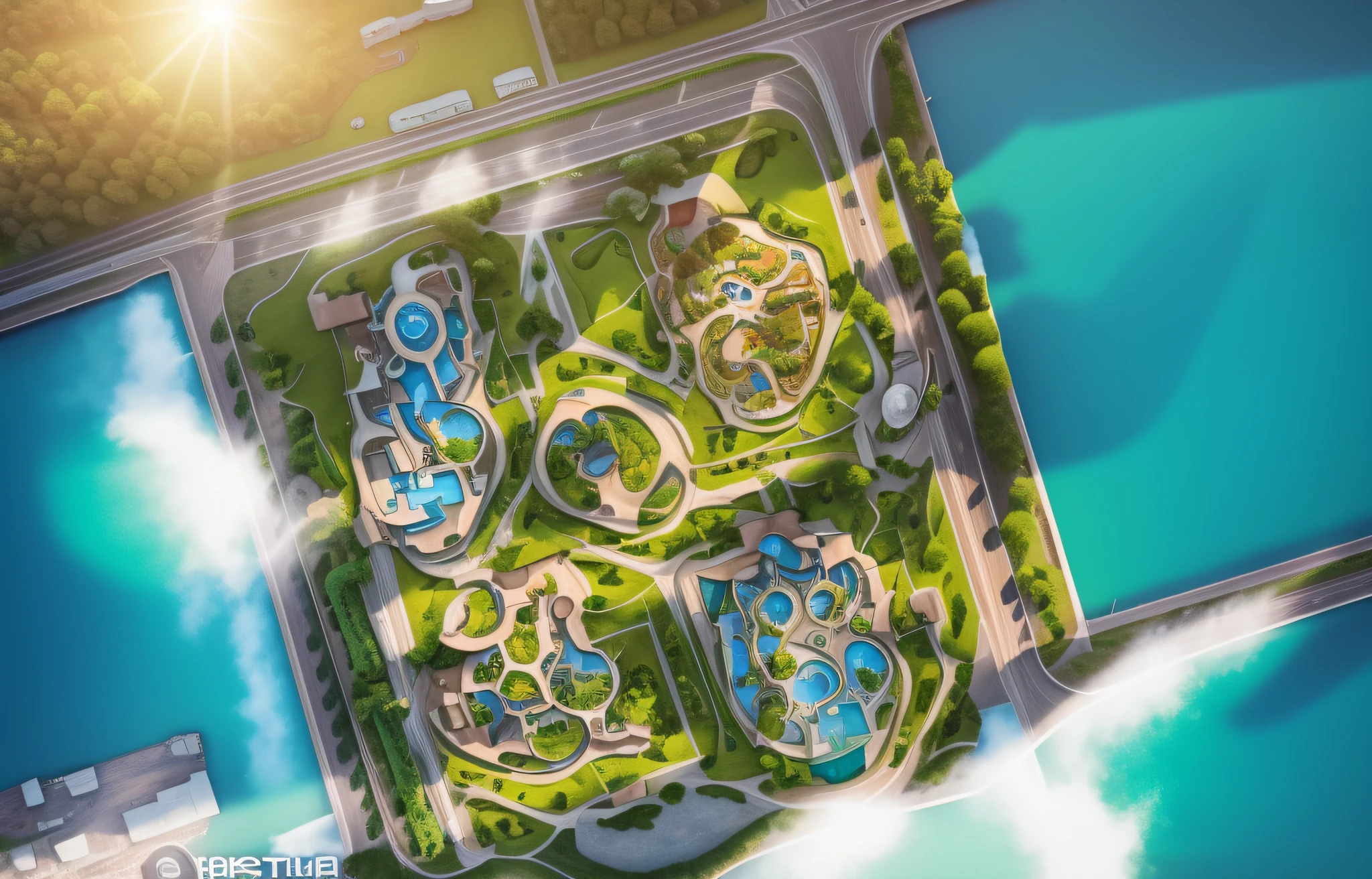 best quality,super detailed, (full detail),(4k),8k, aerial view of park with lots of trees and many buildings, aerial illustration, aerial view, aerial view, aerial view, aerial view, aerial view, aerial !!,view, aerial view, [ top view, aerial view, aerial view, aerial view, aerial view, aerial view, aerial view, aerial view, Vertical panorama of aerial view of the park with a water park and a curvilinear road network, photos taken from above, complex 3D rendering, complex 3D rendering, realistic rendering --auto --s2