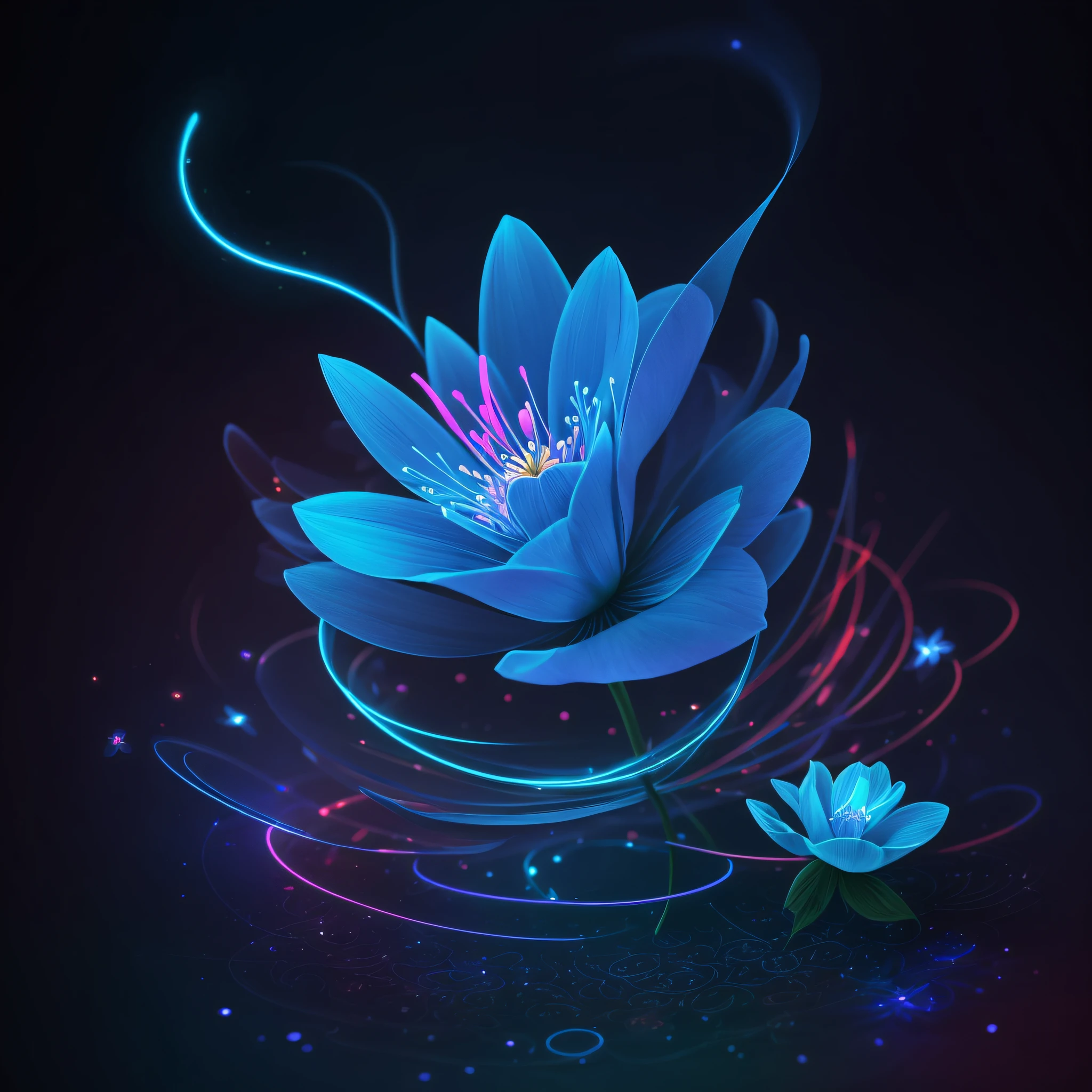 There is a blue flower, red center on black background, glowing delicate flower, glowing flower, glowing neon flower, glowing flower, sparkling petal, beautiful composition 3 - D 4 K, beautiful flower, magical flower, neon flower, magical colored flower, blue - petal, highly detailed digital art in 4K with blooming ethereal effect --auto --s2