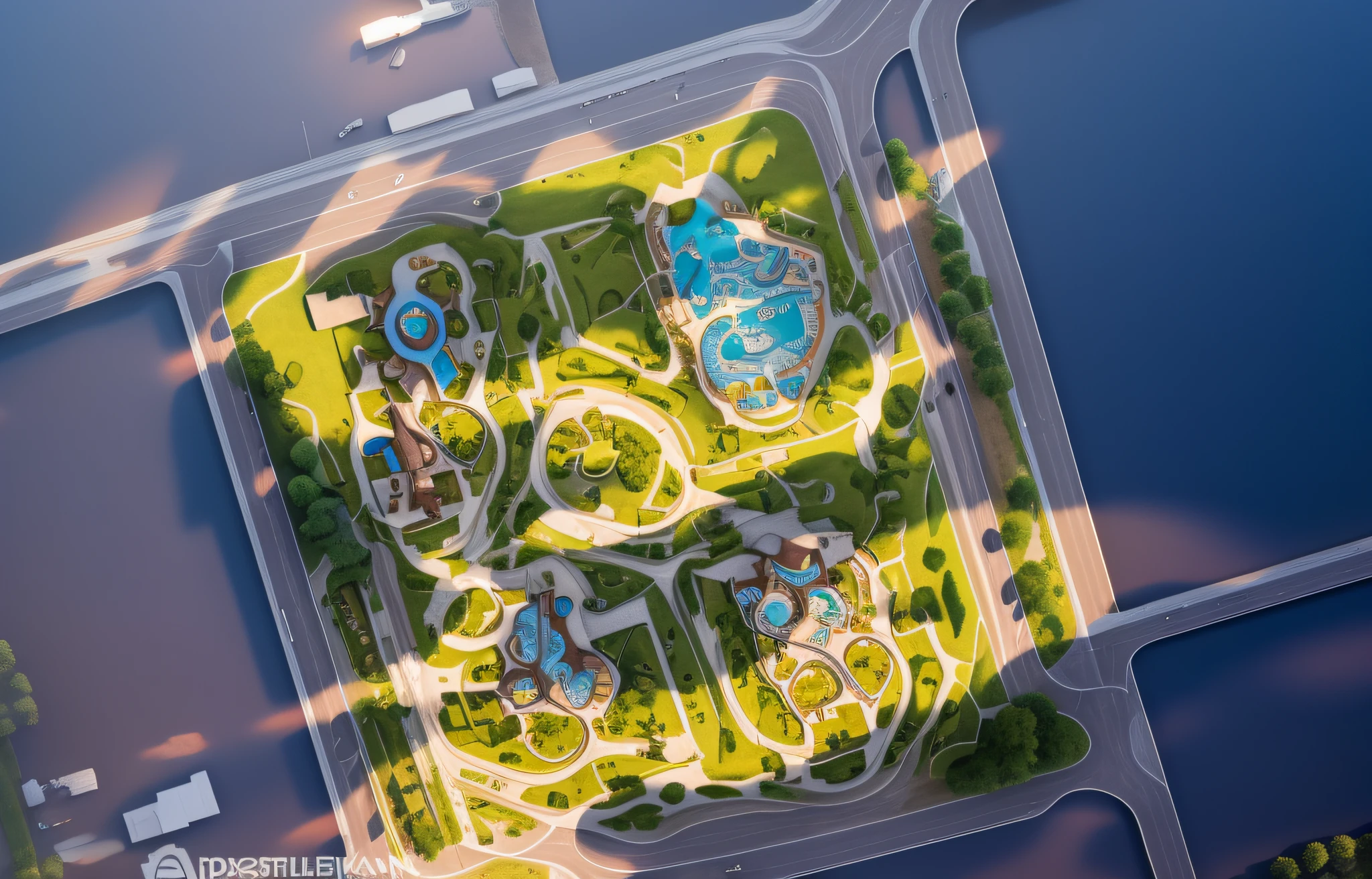 best quality,super detailed, (full detail),(4k),8k, aerial view of park with lots of trees and many buildings, aerial illustration, aerial view, aerial view, aerial view, aerial view, aerial view, aerial !!,view, aerial view, [ top view, aerial view, aerial view, aerial view, aerial view, aerial view, aerial view, aerial view, Vertical panorama of aerial view of the park with a water park and a curvilinear road network, photos taken from above, complex 3D rendering, complex 3D rendering, realistic rendering --auto --s2