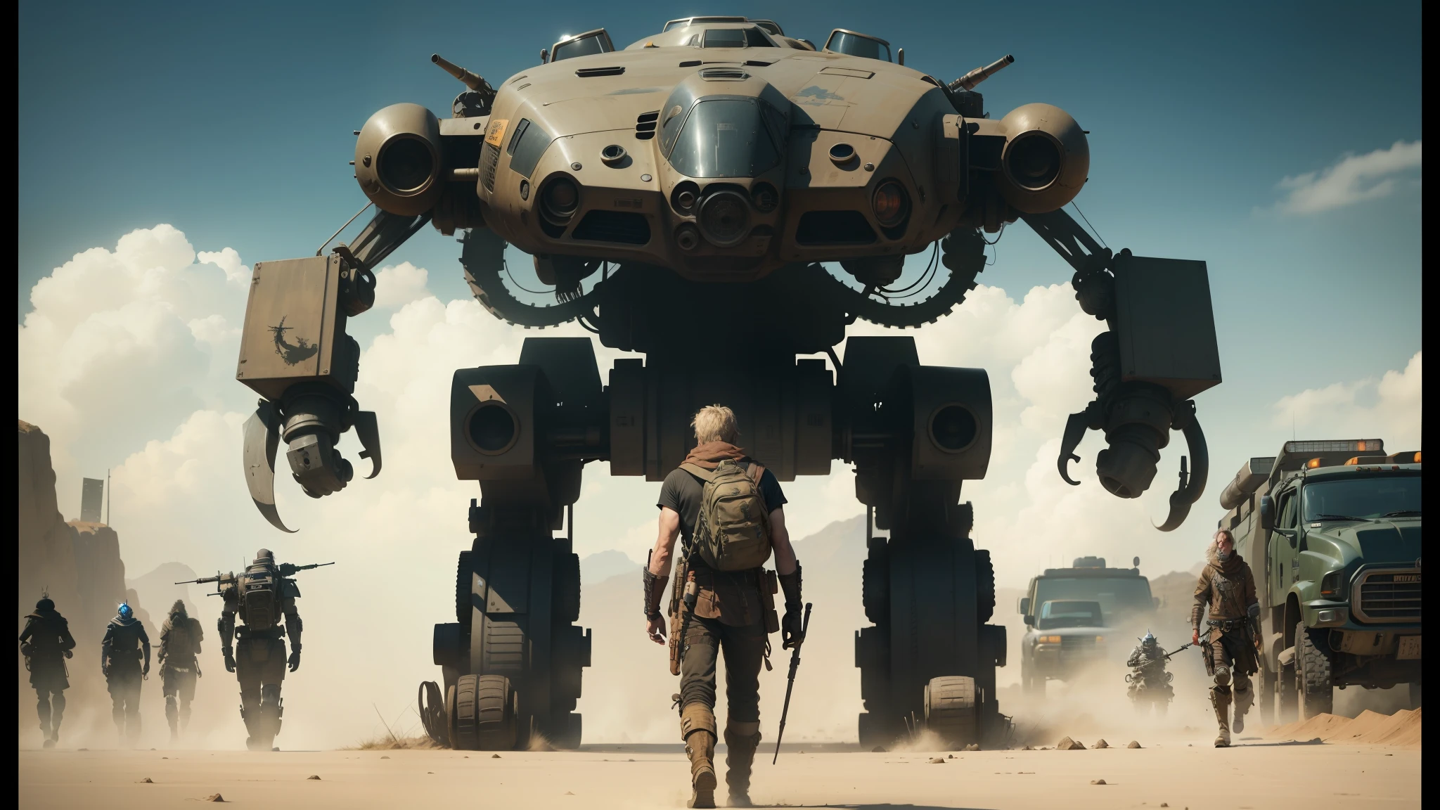 there is a man standing in front of a giant robot, mad max, striking detailed artstyle, made in 2019, nomadic, by Miyazaki, jcb, himba, baba yaga, youtube thumbnail, imogen poots as a holy warrior, 8 k 1 0 8 0 p, ( mechanical ), by Frederik Vermehren --auto --s2