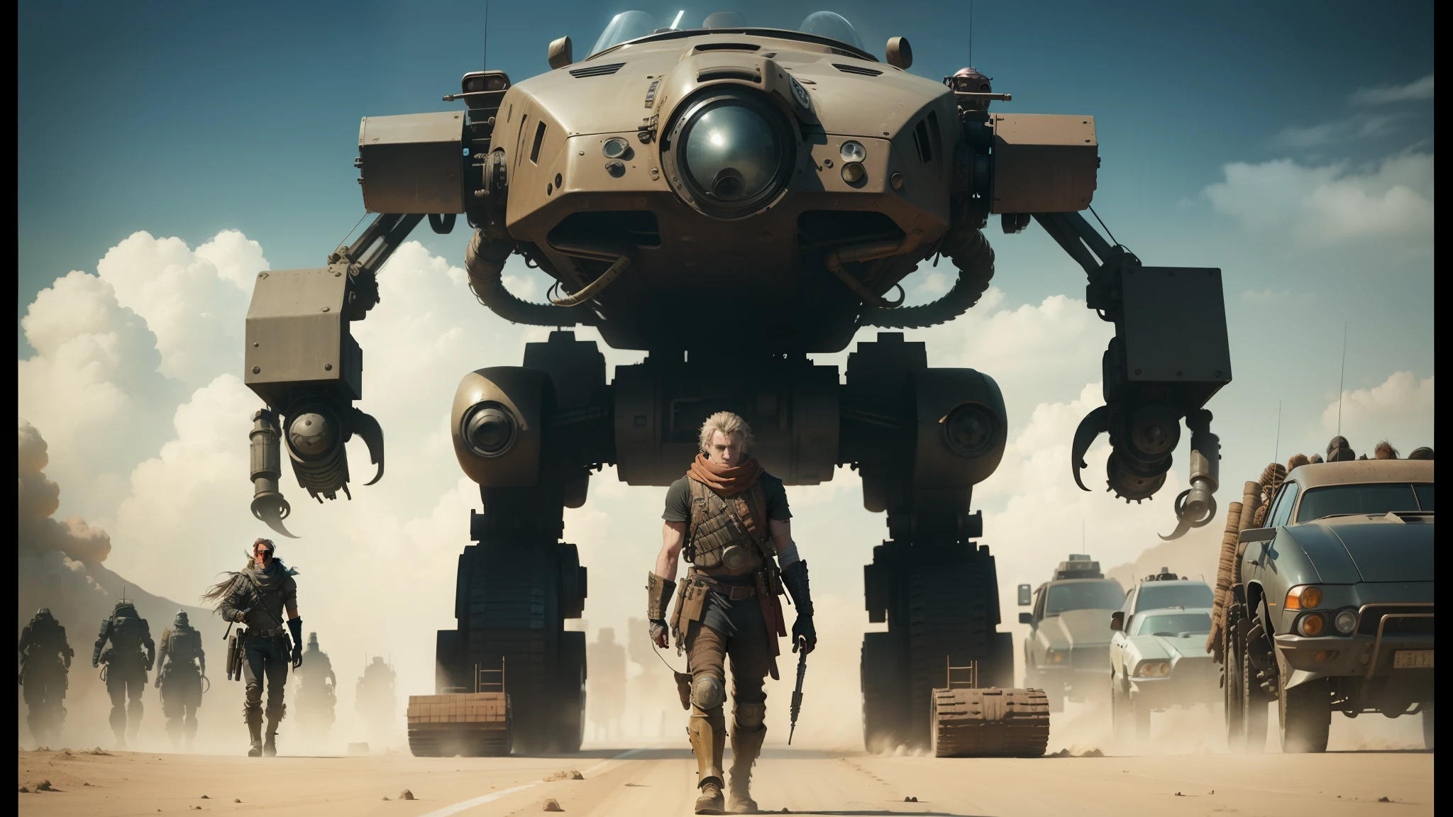 there is a man standing in front of a giant robot, mad max, striking detailed artstyle, made in 2019, nomadic, by Miyazaki, jcb, himba, baba yaga, youtube thumbnail, imogen poots as a holy warrior, 8 k 1 0 8 0 p, ( mechanical ), by Frederik Vermehren --auto --s2