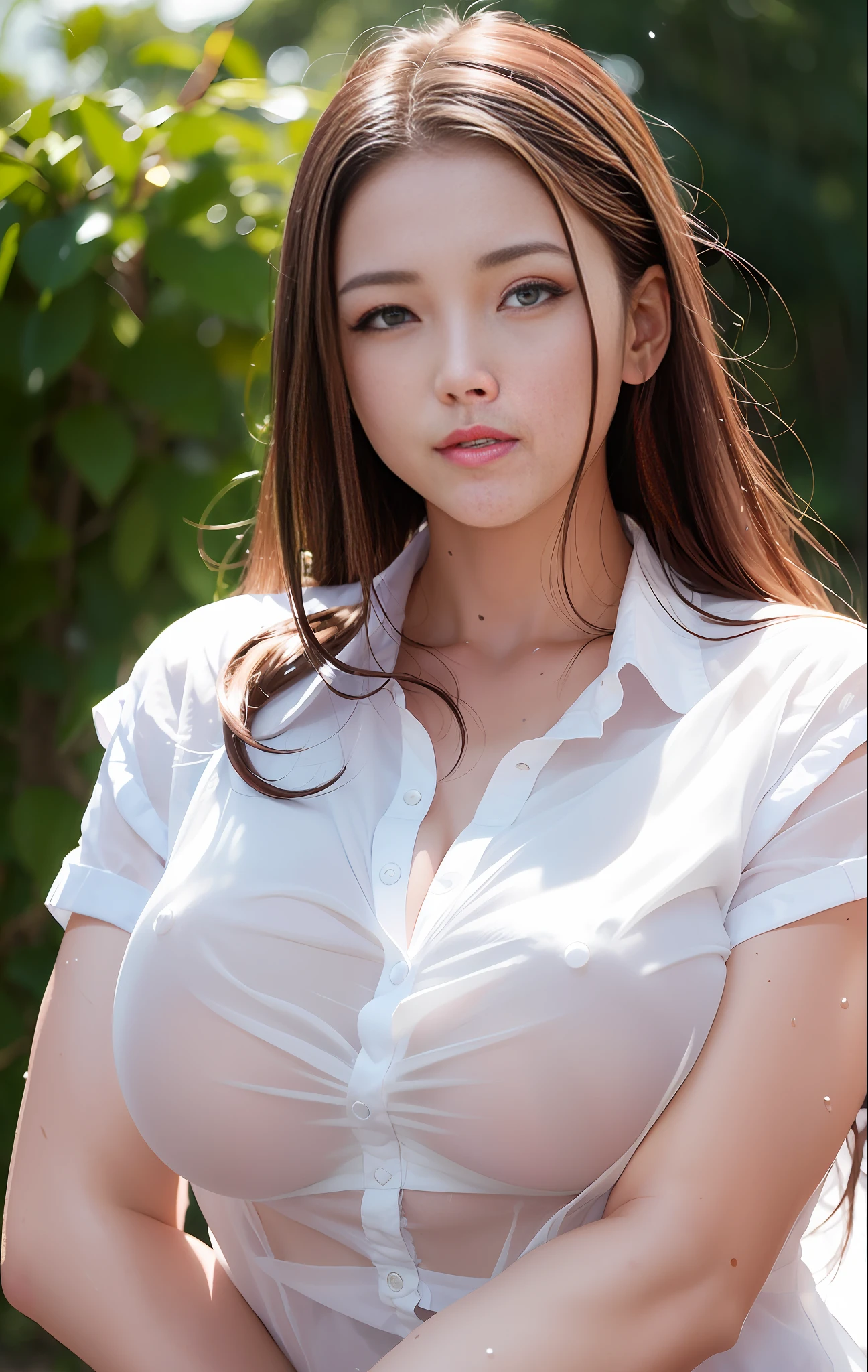 Best quality, super high resolution, (realism: 1.4), 1girl, masterpiece, outdoor, full body lens, depth of field, huge breasts, transparent wet white shirt, no panties,