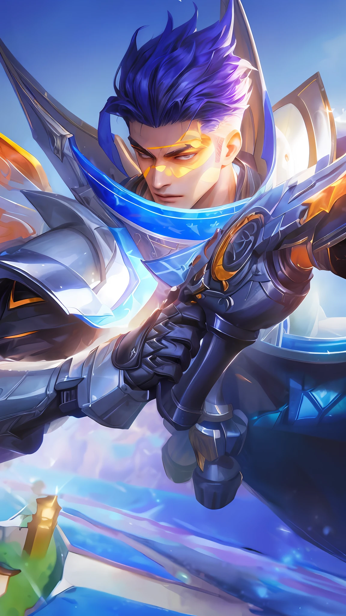 (Absurdres, Intricate Details, Masterpiece, Best Quality, High Resolution, 8k), 1 male, thin, young, aged up, masked, finely detailed eyes and face, auburn low-fade hair, amber eyes, portrait, looking at viewer, solo, half shot, detailed background, (light fantasy theme:1.1), focusing, mercenary, sunshine, floating scraps, color plate armor, divine aura, bright realistic lighting, marble castle, intense atmosphere, circlet, coat of arms, brazier, , Depth of Field, VFX.
