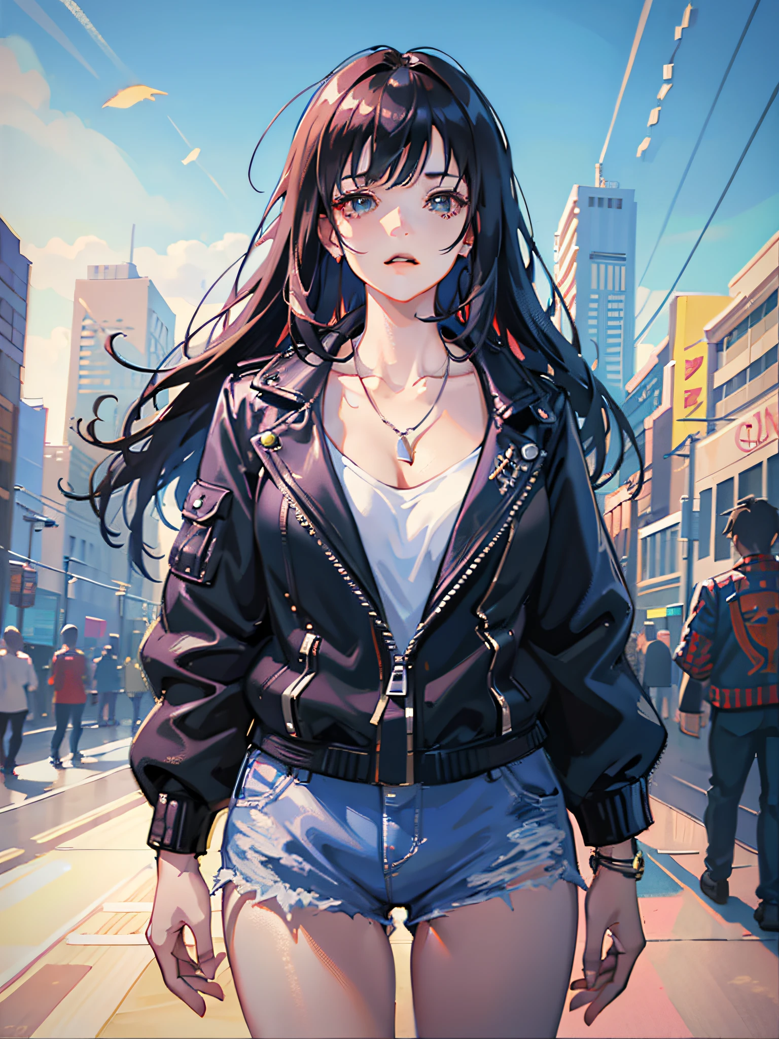1girl, spider-man, jacket, long hair, looking at the audience, female focus, necklace, upper body, messy hair, trends on artstation, 8k resolution, very detailed, anatomically correct, clear images, digital painting, concept art, fashion trends on pixiv, Makoto Shinkai's style