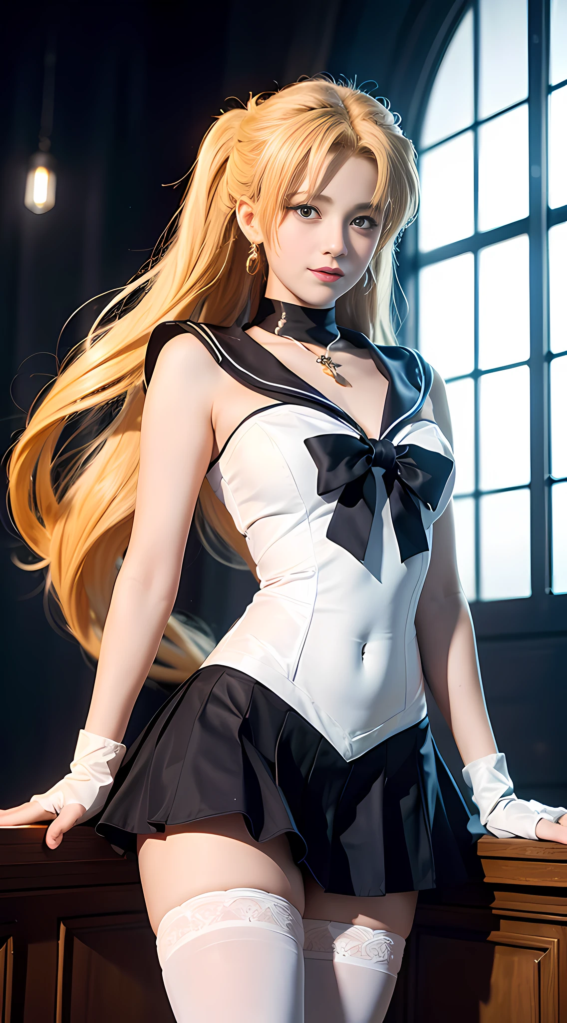 (Extreme Detail CG Unity 16K wallpaper, masterpiece, highest quality), (exquisite lighting and shadow, highly dramatic picture, cinematic lens effect), (Sailor Moon: 1.1), charming smile, double tails, big, blue eyes, long blonde hair, tight top, white gloves, mini skirt, white stockings), cosmic background (excellent detail, outstanding lighting, wide angle, full body), (excellent rendering, enough to stand out in its class),