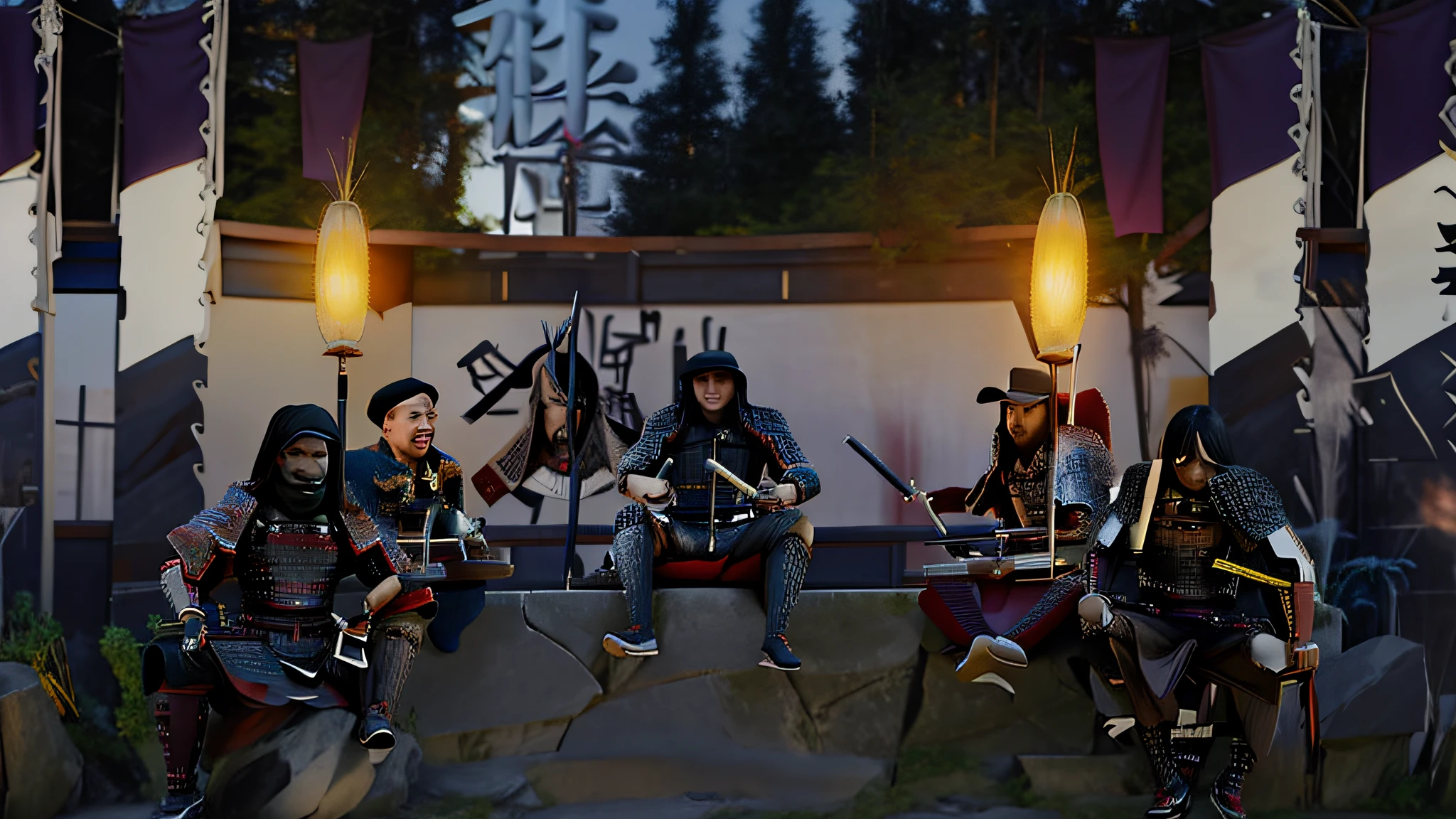 There are many people with high-definition faces, high-definition perspectives, samurai armor costumes and holding swords, magnificent samurai warrior, samurai style, moonbull samurai, black bull samurai, inspired by Kano Hōgai, dressed in samurai armor, shogun era, samurai duel, bow ashigaru, sitting, inspired by Kano Shosenin, Obama as a samurai