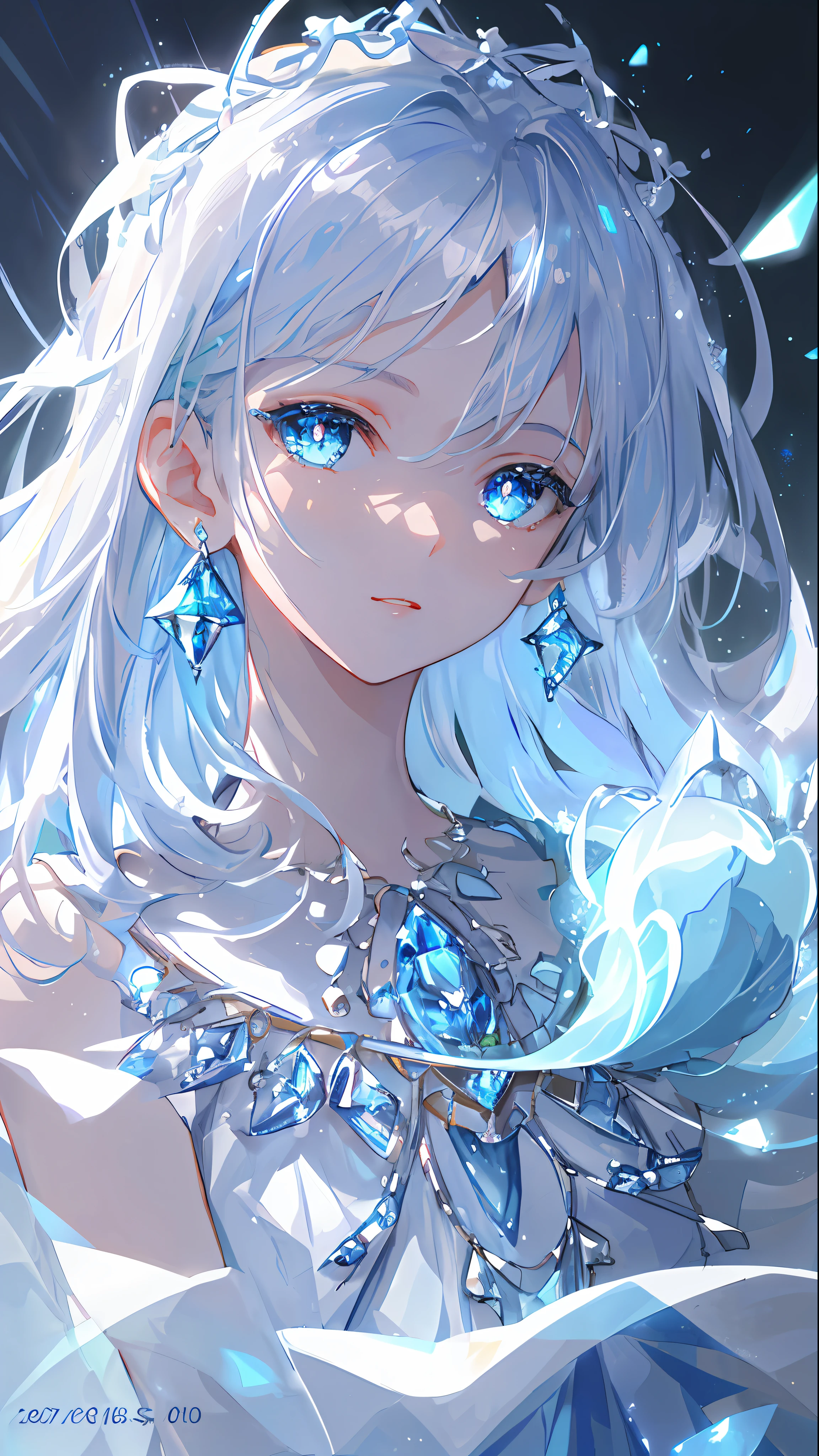 masterpiece, best quality, illustration, sax blue, platinum earrings, platinum necklace, white dress, 1girl, cute, (dynamic lighting:1.2), cinematic lighting, delicate facial features, detailed eyes, sharp pupils, realistic pupils, depth of field, bokeh, sharp focus, (hyper-detailed, bloom, glow:1.4), many small gems